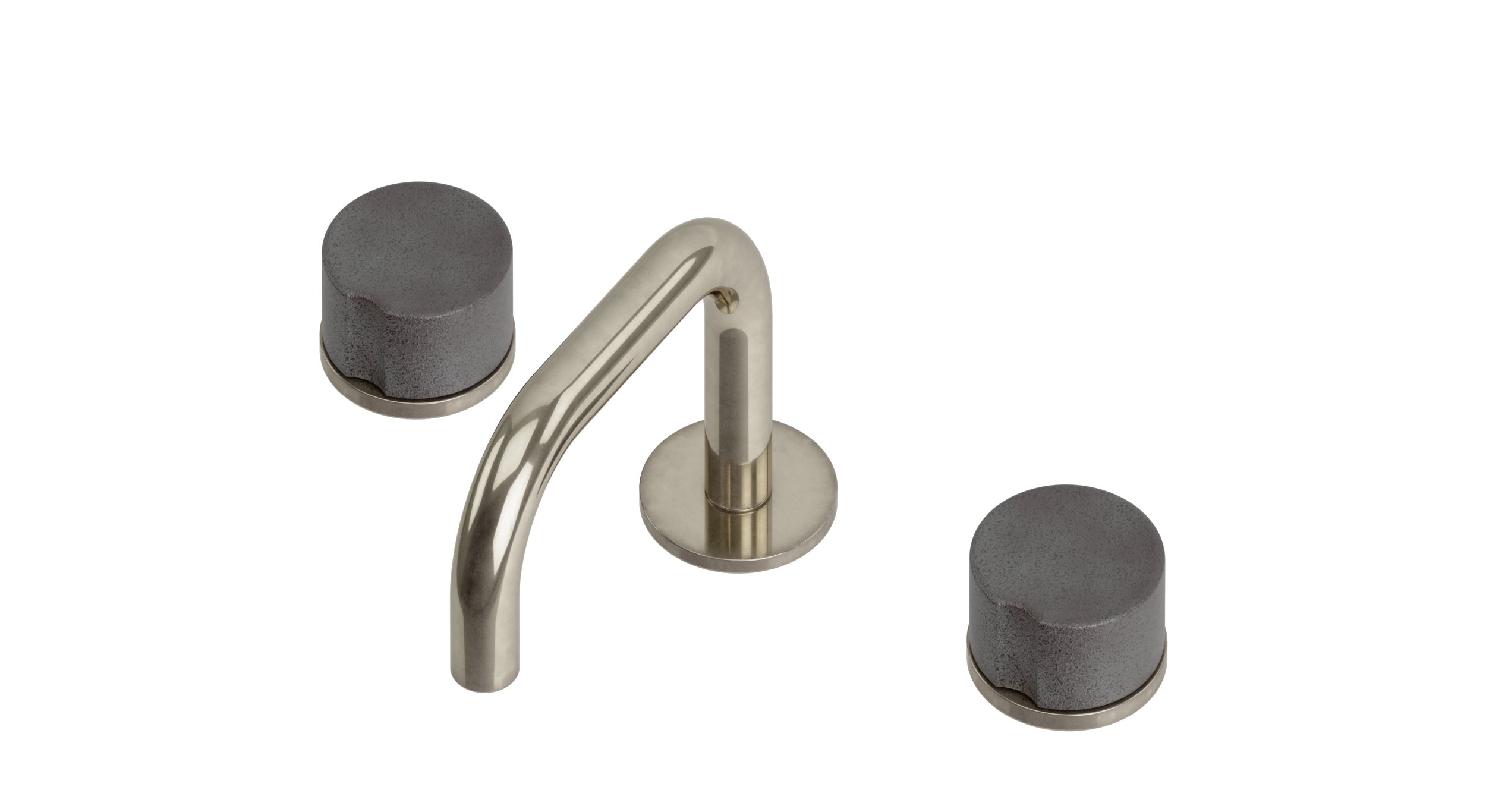 Foundry Two Handle Deck Mount Squaretop Lavatory Faucet with Groove Ceramic Knob Handles in French Nickel