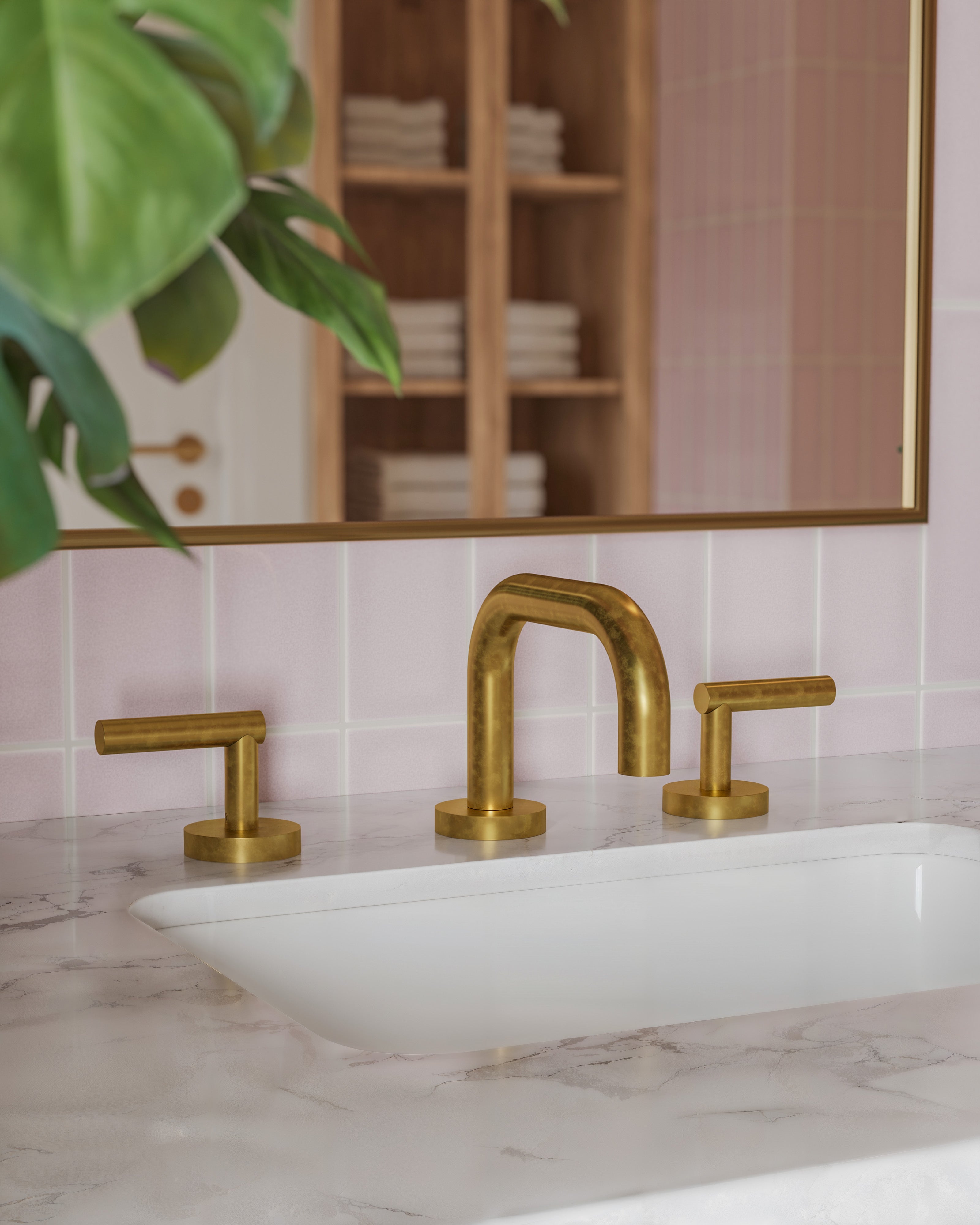 Contour Two Handle Deck Mount Squaretop Lavatory Faucet with Soft Lever Handles in French Brass