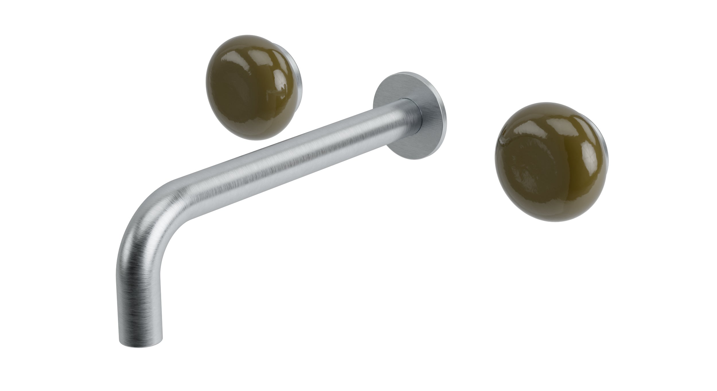 Foundry Two Handle Wall Mount 7.5" Lavatory Faucet with Pebble Ceramic Knob Handles in Satin Chrome