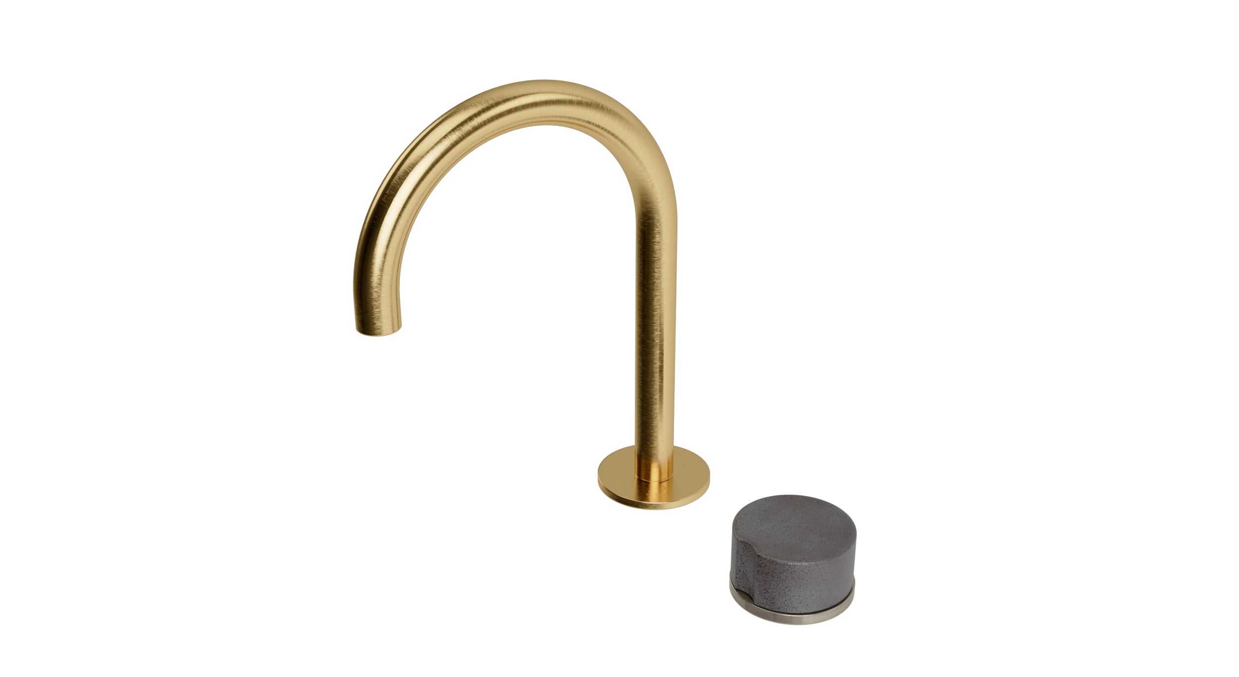 Foundry One Handle Deck Mount Gooseneck Lavatory Faucet with Groove Ceramic Knob Handle in Satin Brass