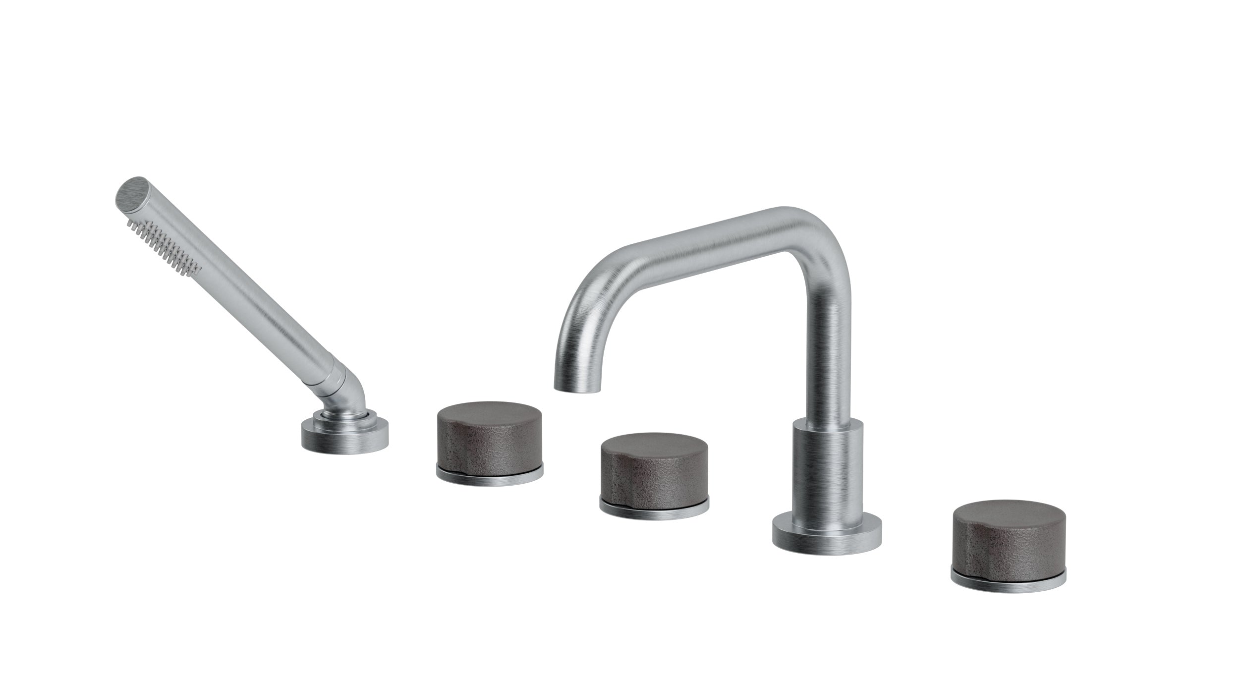 Foundry Three Handle Deck Mount Squaretop Bath Trim with Hand Shower and Groove Ceramic Knob Handles in Satin Chrome