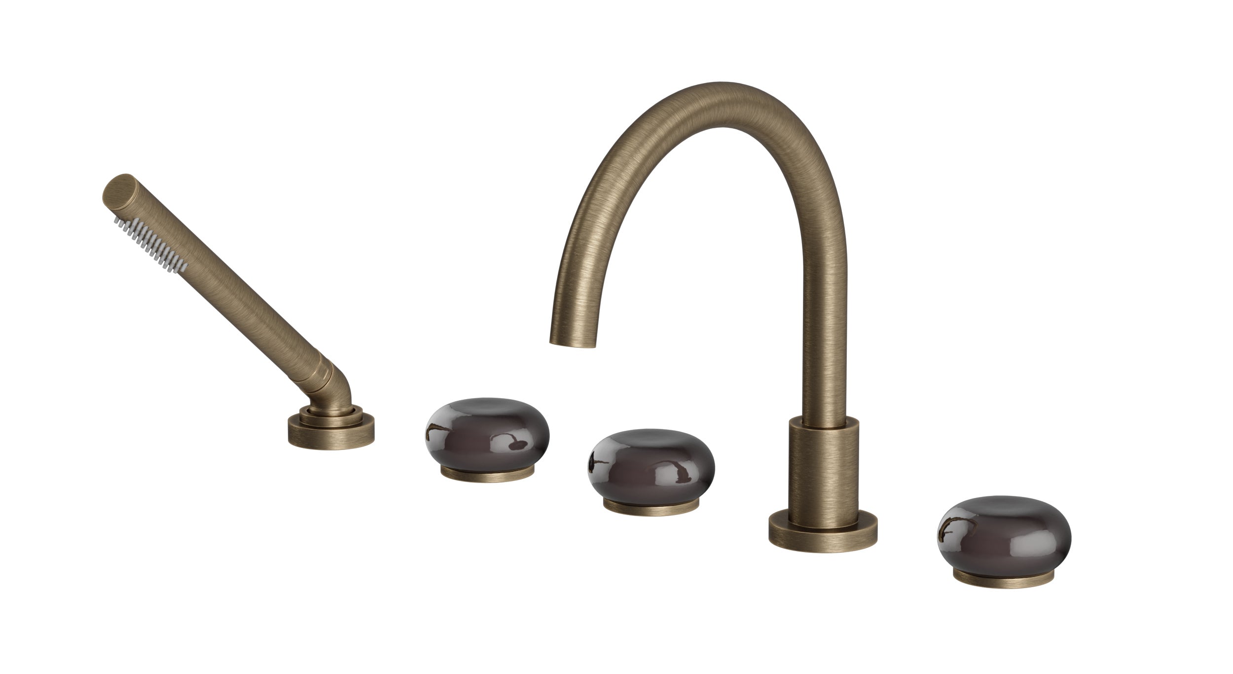 Foundry Three Handle Deck Mount Gooseneck Bath Trim with Hand Shower and Pebble Ceramic Knob Handles in Antique Brass