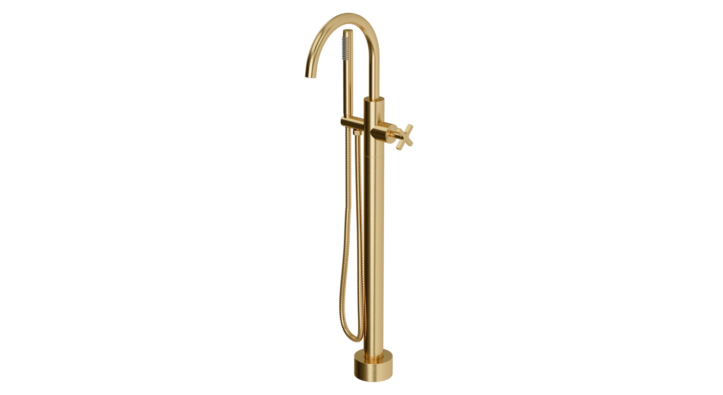 Flatiron One Handle Floor Mount Gooseneck Bath Trim with Hand Shower and Linear Cross Handle in Satin Brass