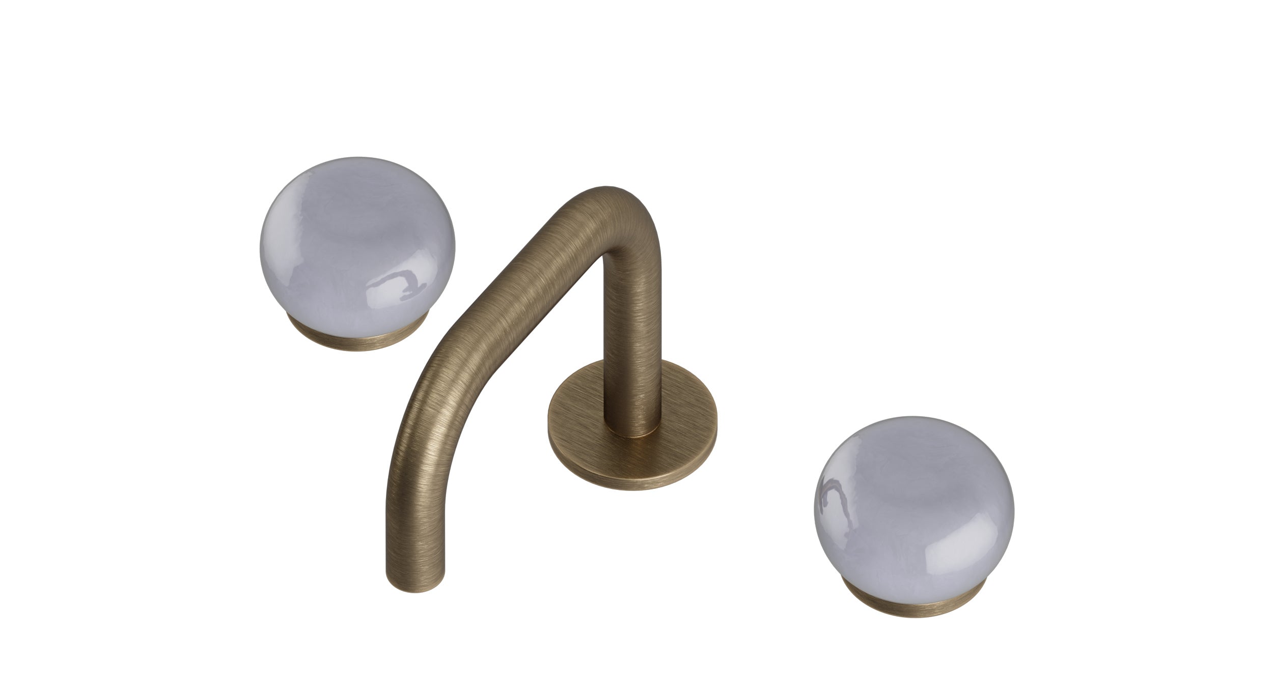 Foundry Two Handle Deck Mount Squaretop Lavatory Faucet with Pebble Ceramic Knob Handles in Antique Brass