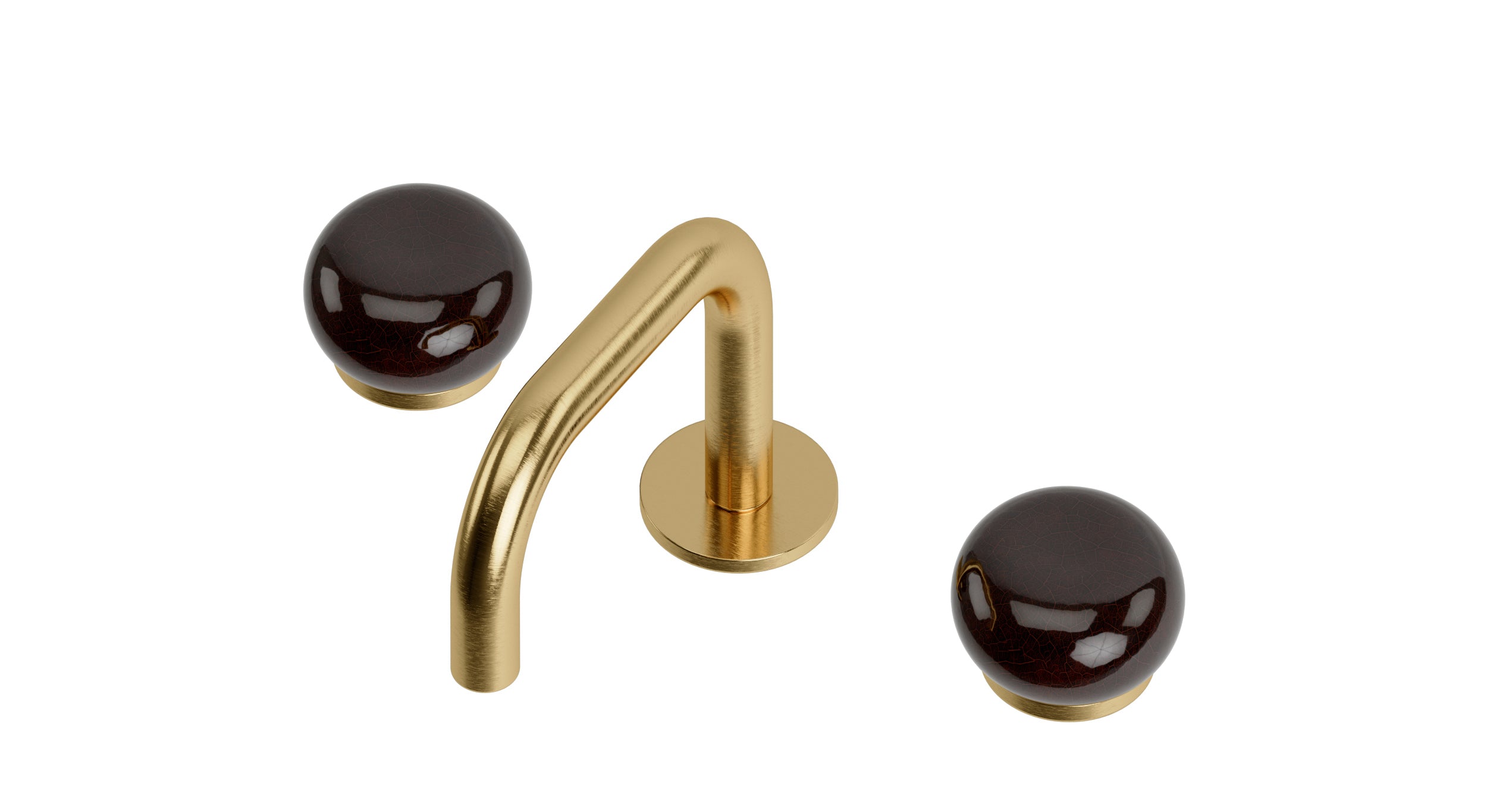 Foundry Two Handle Deck Mount Squaretop Lavatory Faucet with Pebble Ceramic Knob Handles in Satin Brass