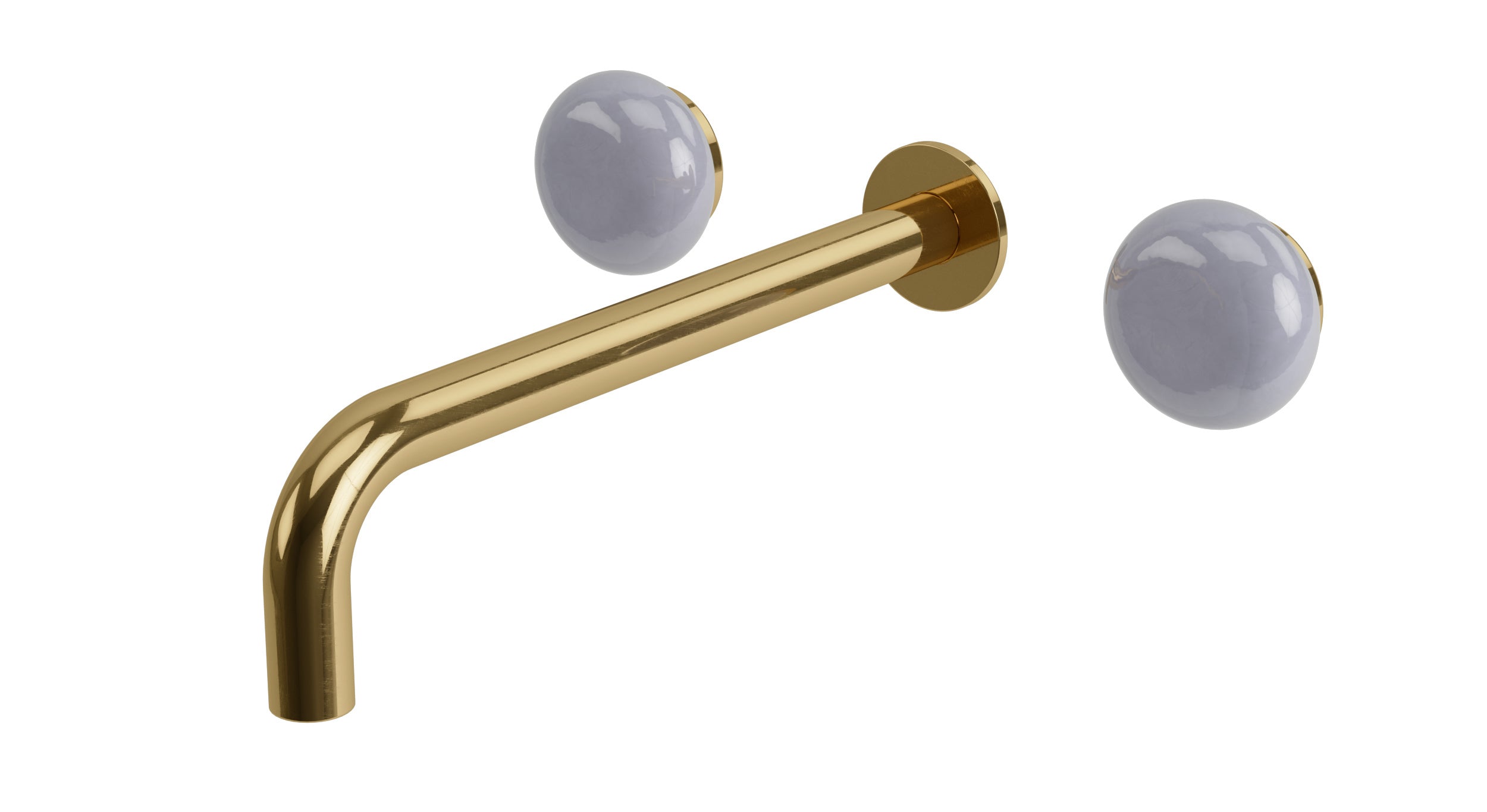 Foundry Two Handle Wall Mount 10" Lavatory Faucet with Pebble Ceramic Knob Handles in Uncoated Polished Brass