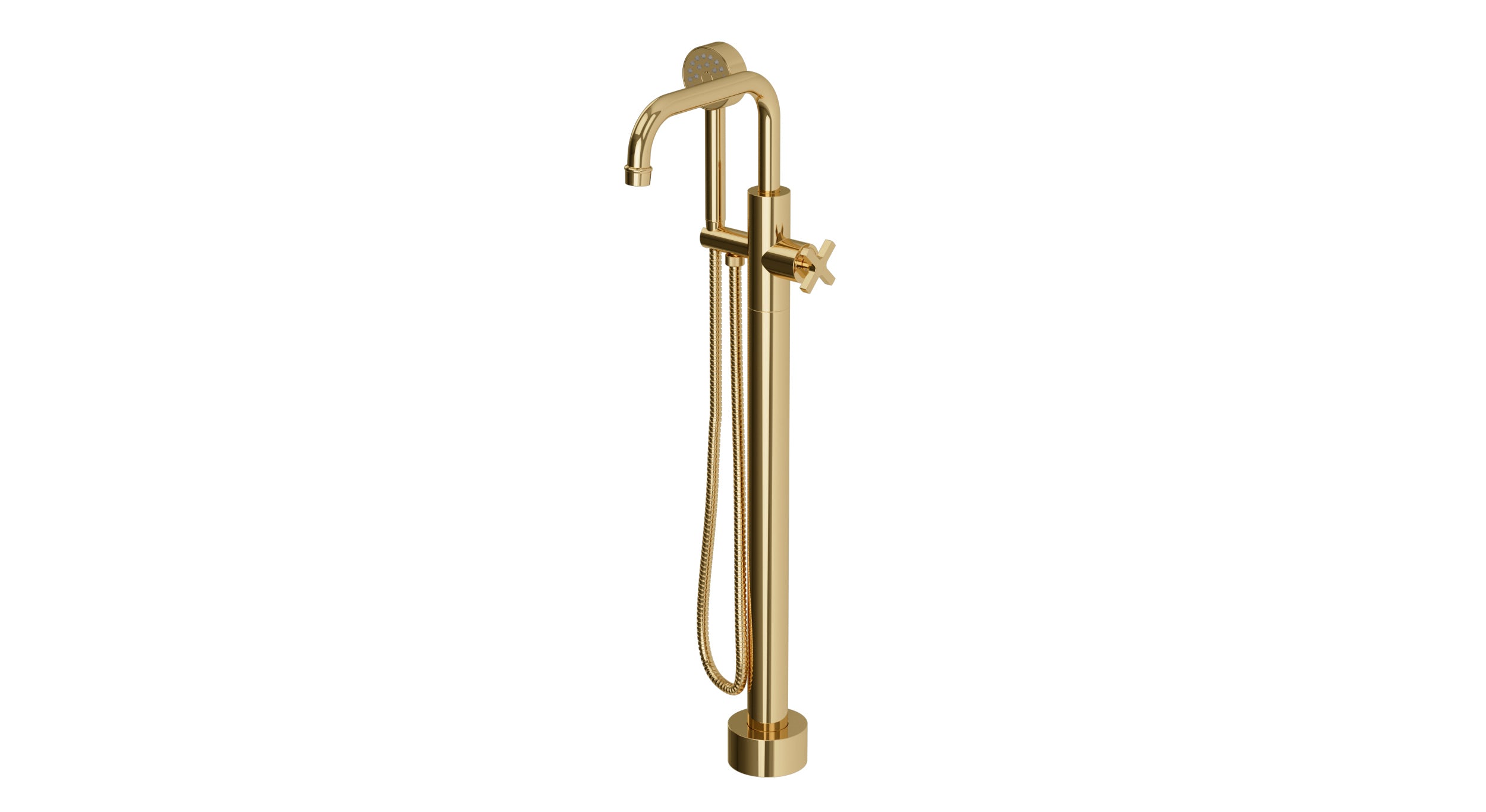 Emerson One Handle Floor Mount Squaretop Bath Trim with Hand Shower and Classic Cross Handle in Polished Brass