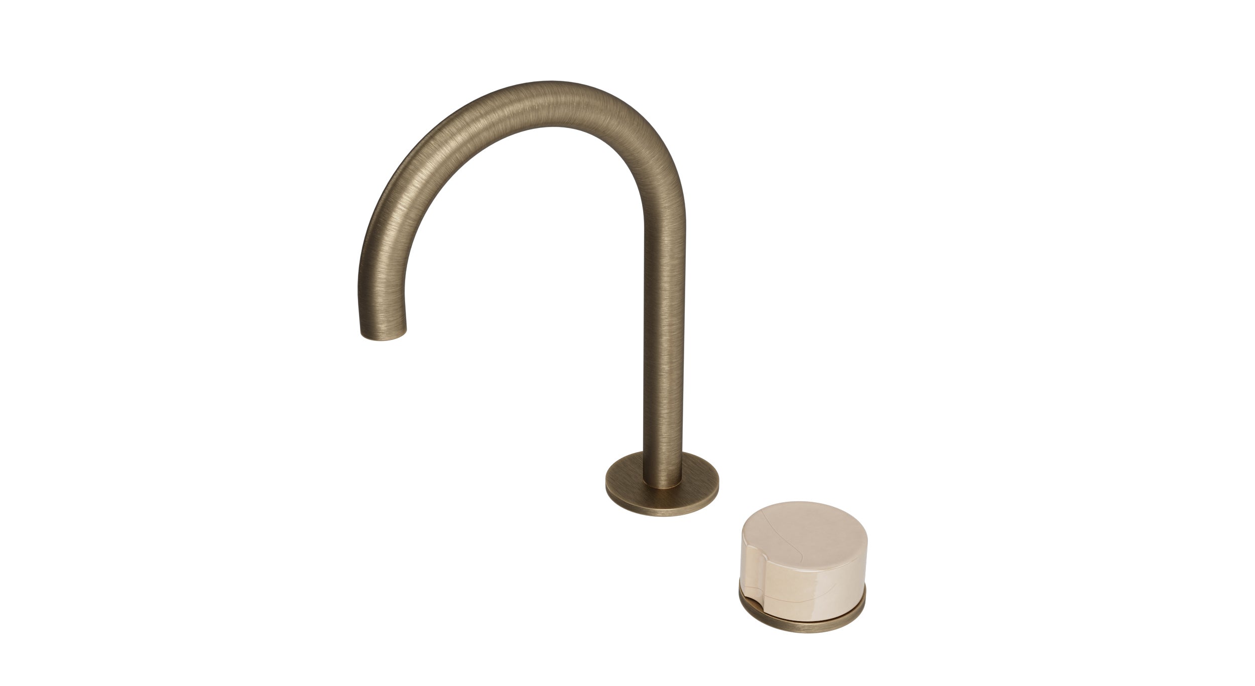 Foundry One Handle Deck Mount Gooseneck Lavatory Faucet with Groove Ceramic Knob Handle in Antique Brass