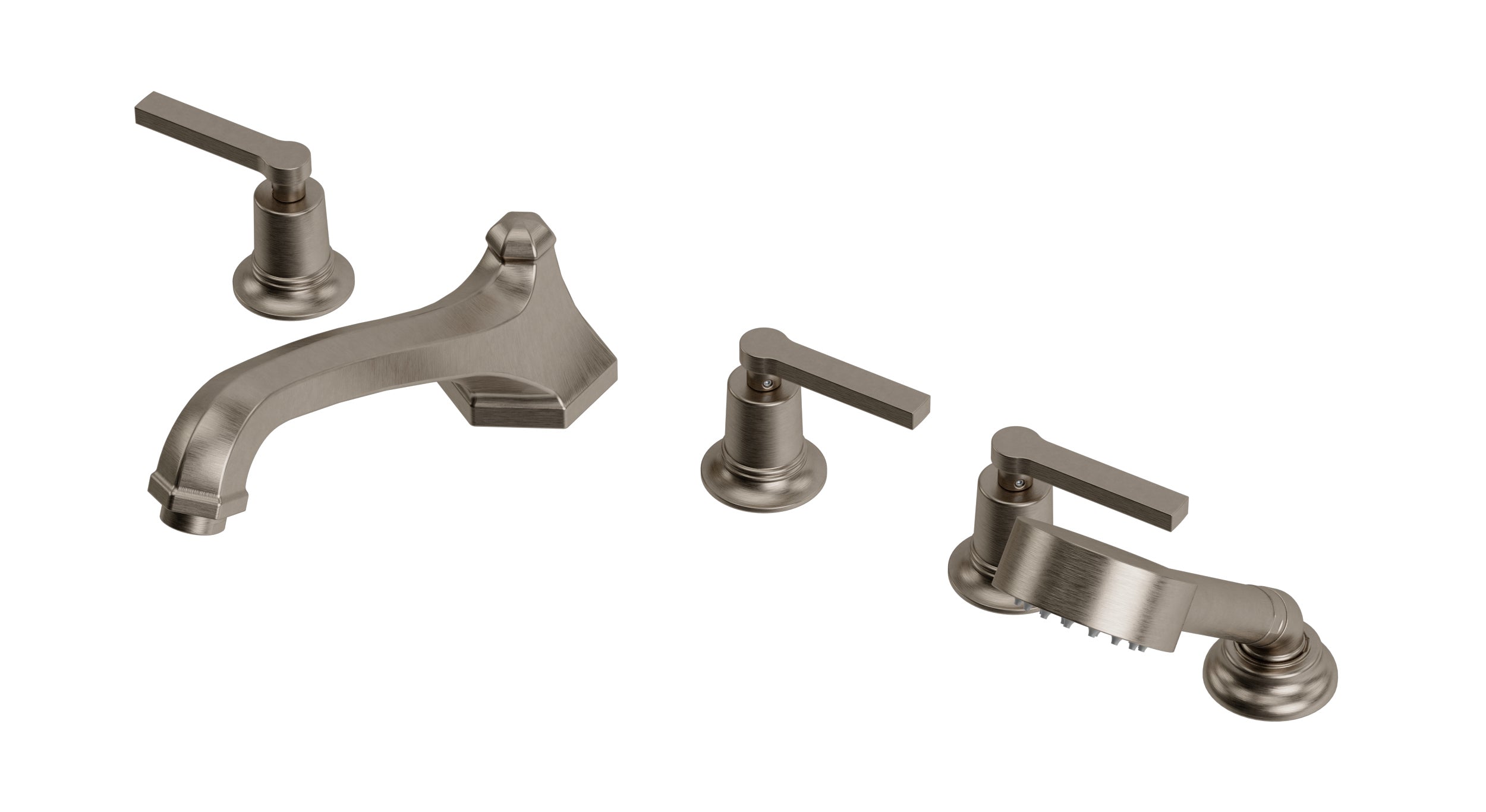 Emerson Three Handle Deck Mount Low Hexagon Bath Trim with Hand Shower and Classic Lever Handles in Antique Nickel