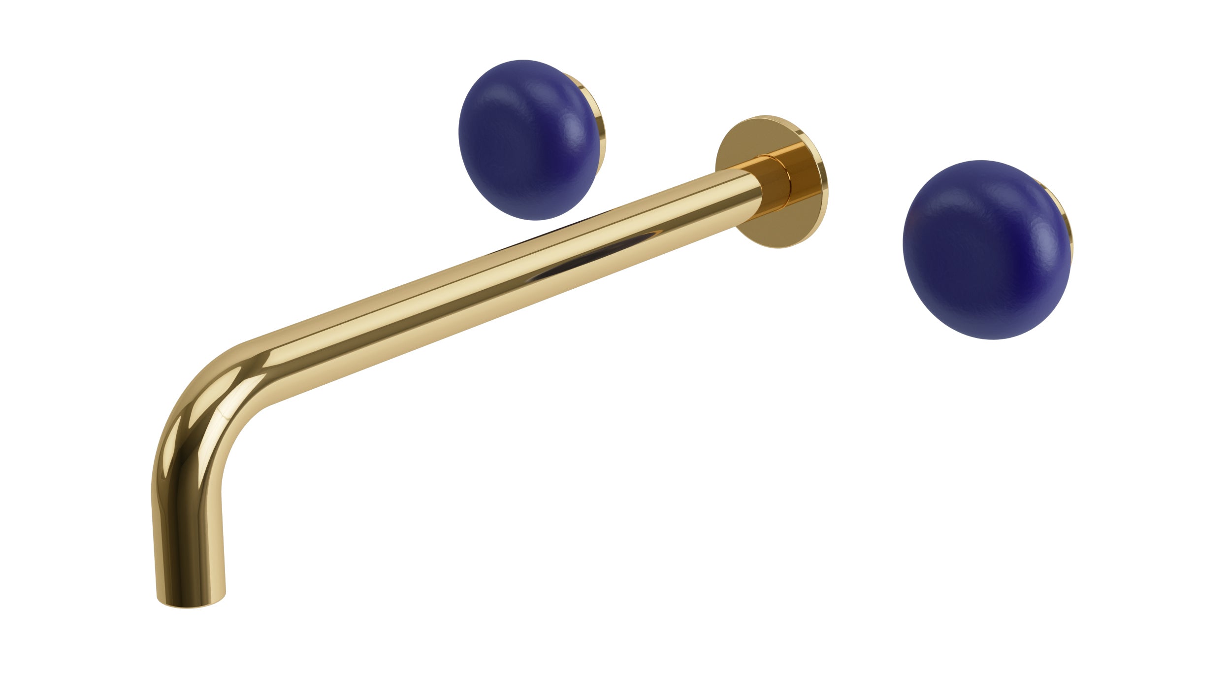Foundry Two Handle Wall Mount 12" Lavatory Faucet with Pebble Ceramic Knob Handles in Polished Brass