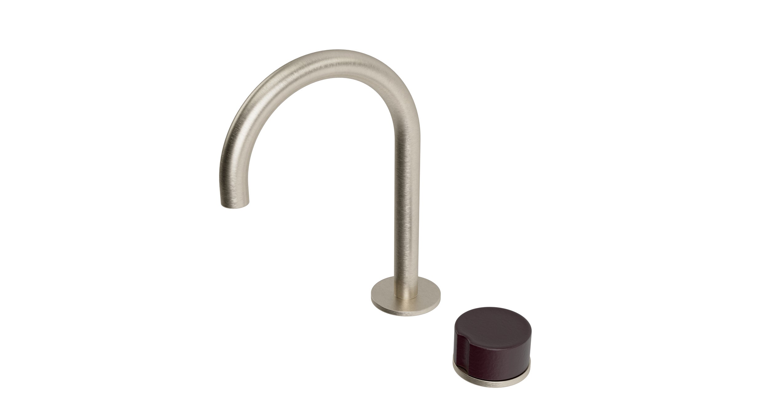 Foundry One Handle Deck Mount Gooseneck Lavatory Faucet with Groove Ceramic Knob Handle in Satin Nickel
