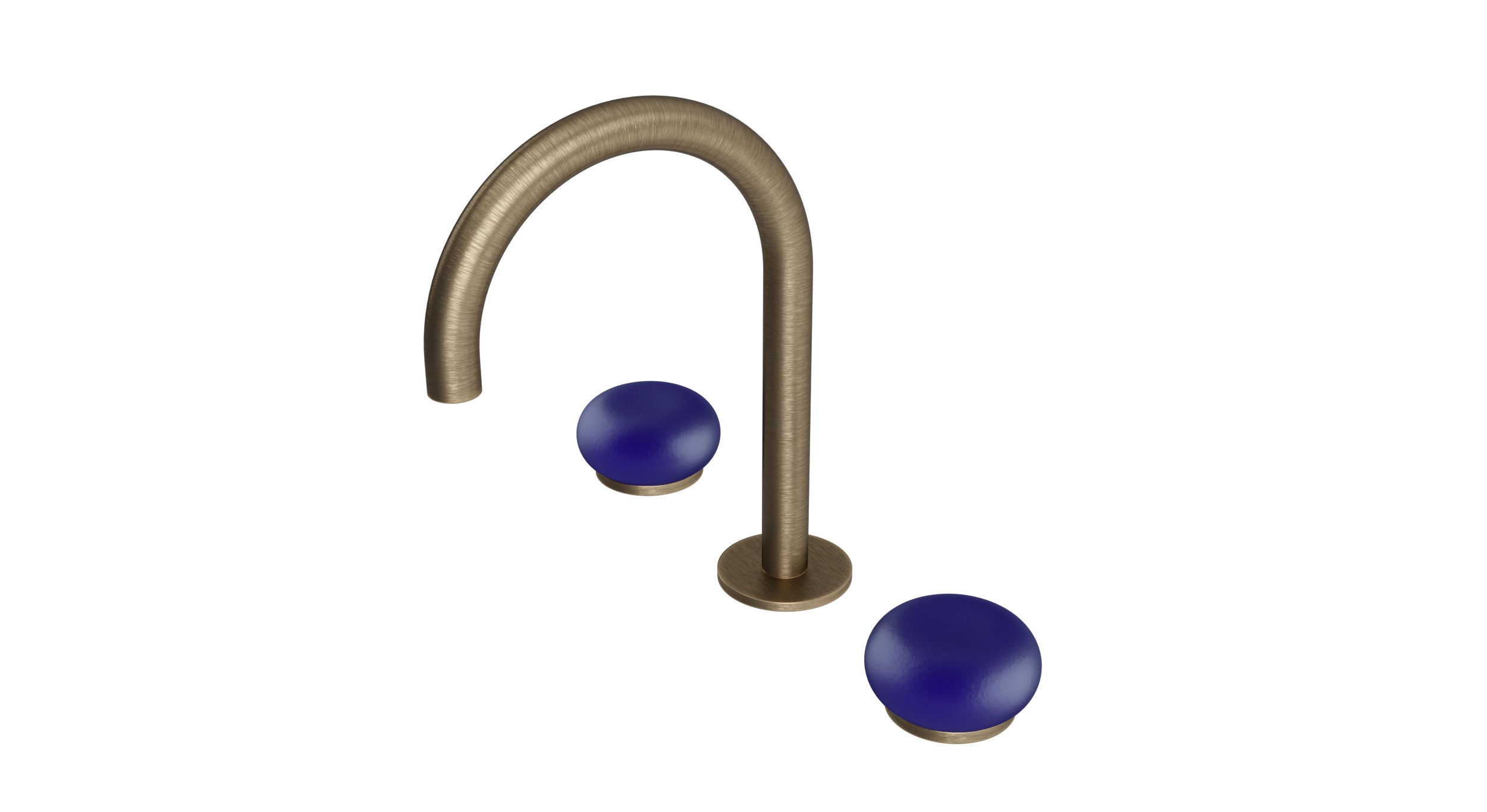 Foundry Two Handle Deck Mount Gooseneck Lavatory Faucet with Pebble Ceramic Knob Handles in Antique Brass