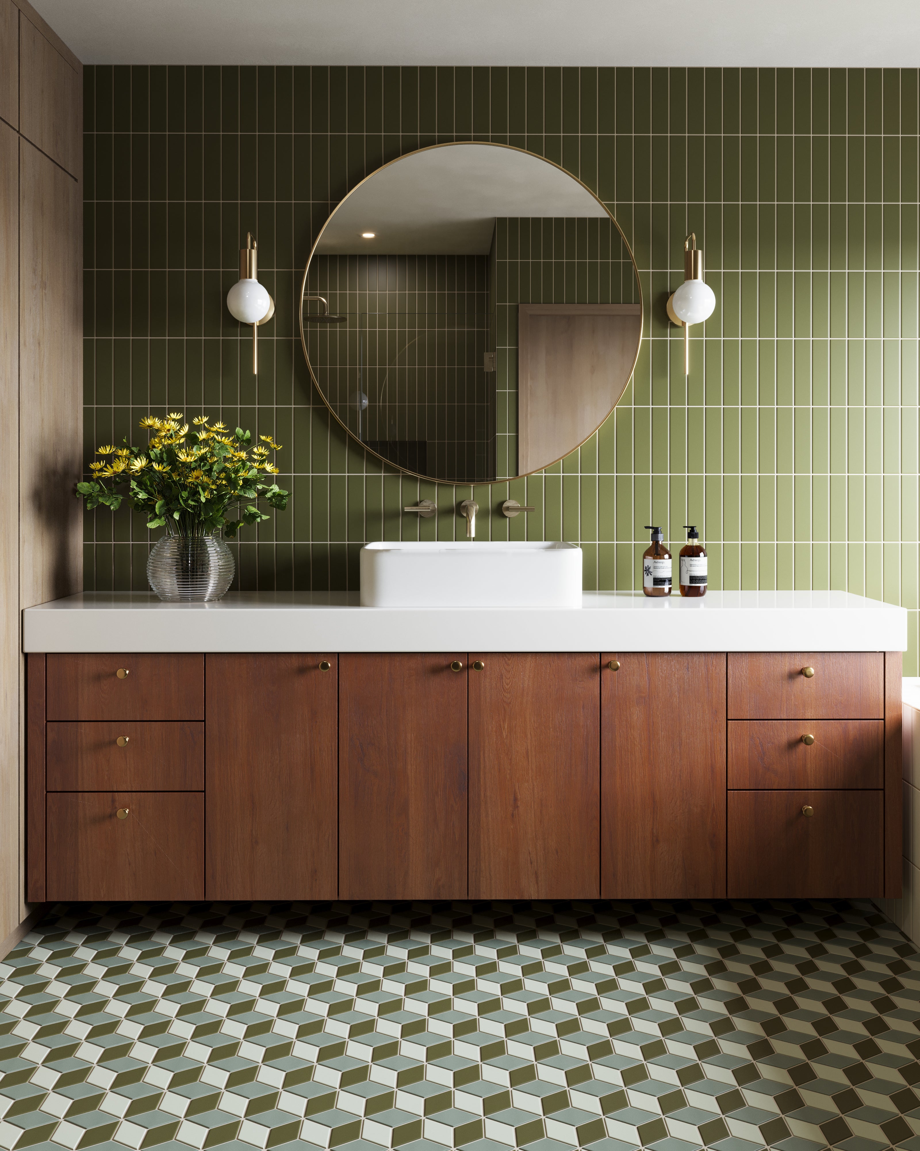 Small Diamond Escher Sheeted Original Ceramic Tile in Rosemary Matte, Limewash Matte & Bonsai Matte