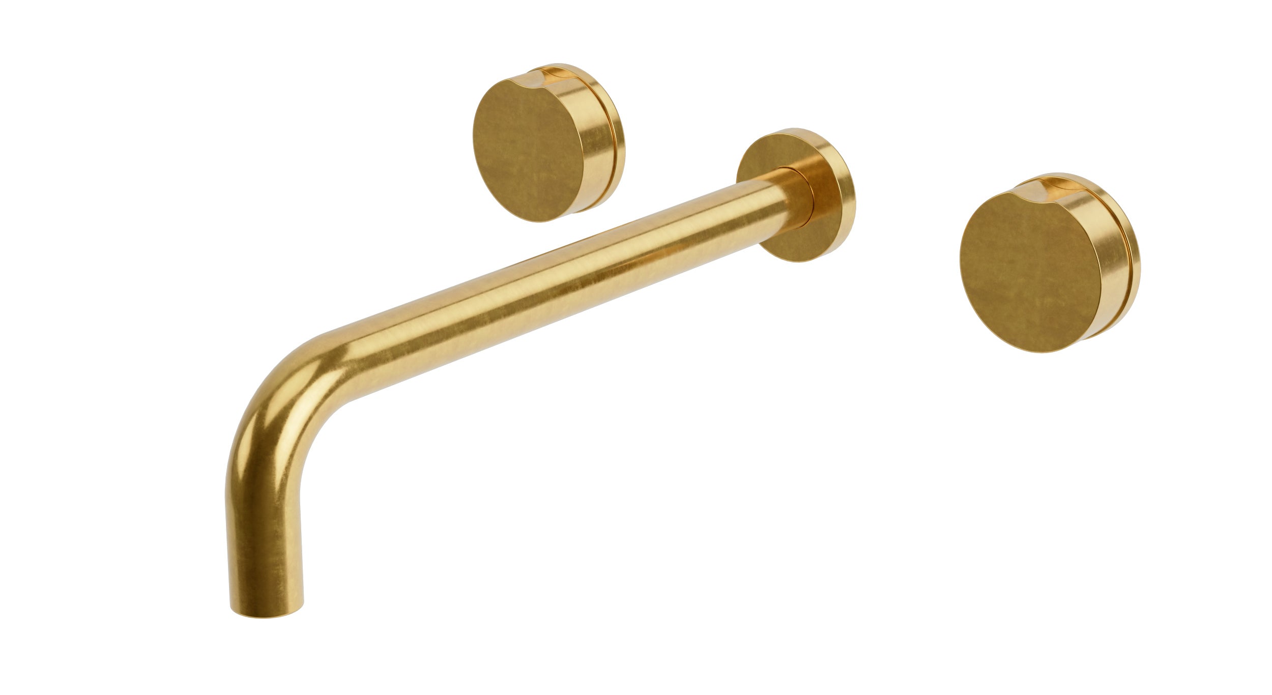 Foundry Two Handle Wall Mount 12" Lavatory Faucet with Barrel Knob Handles in French Brass