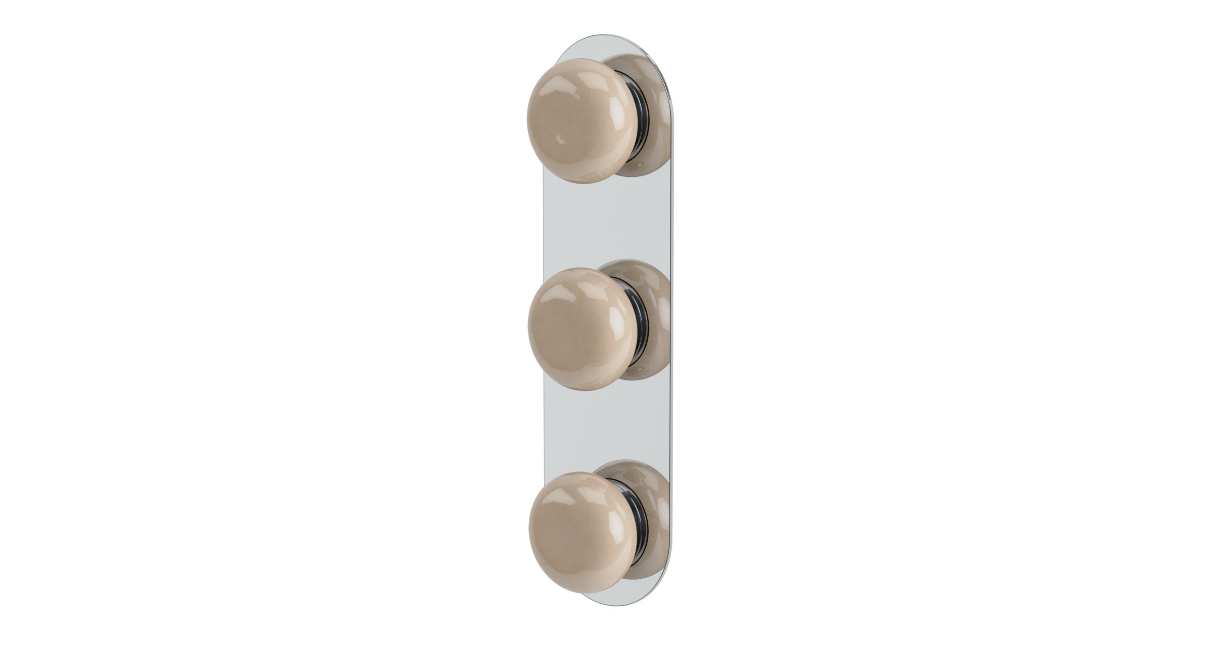 Foundry Three Handle Wall Mount Shower Trim with Pebble Ceramic Knob Handles in Polished Chrome