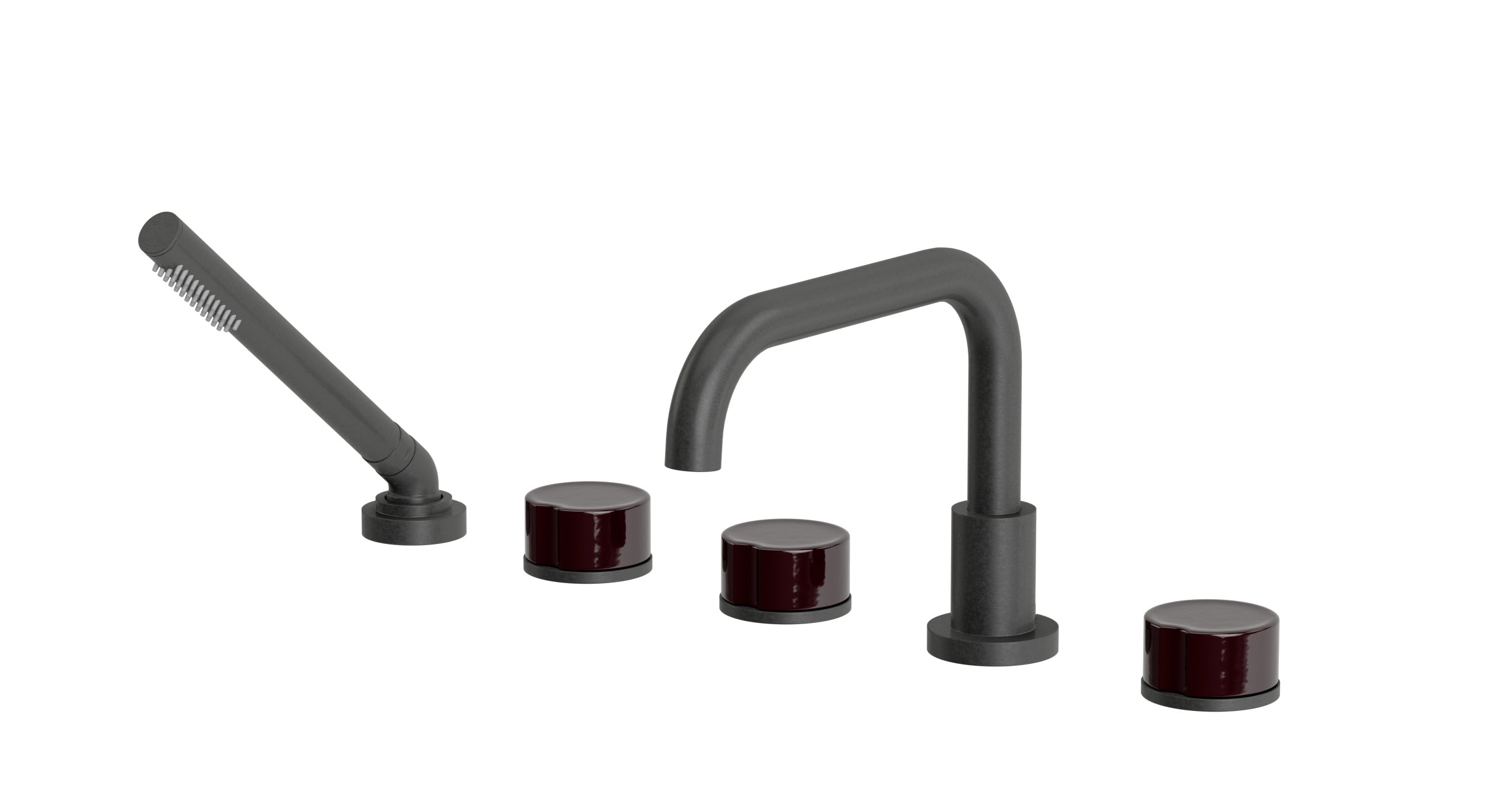 Foundry Three Handle Deck Mount Squaretop Bath Trim with Hand Shower and Groove Ceramic Knob Handles in Blackened Nickel