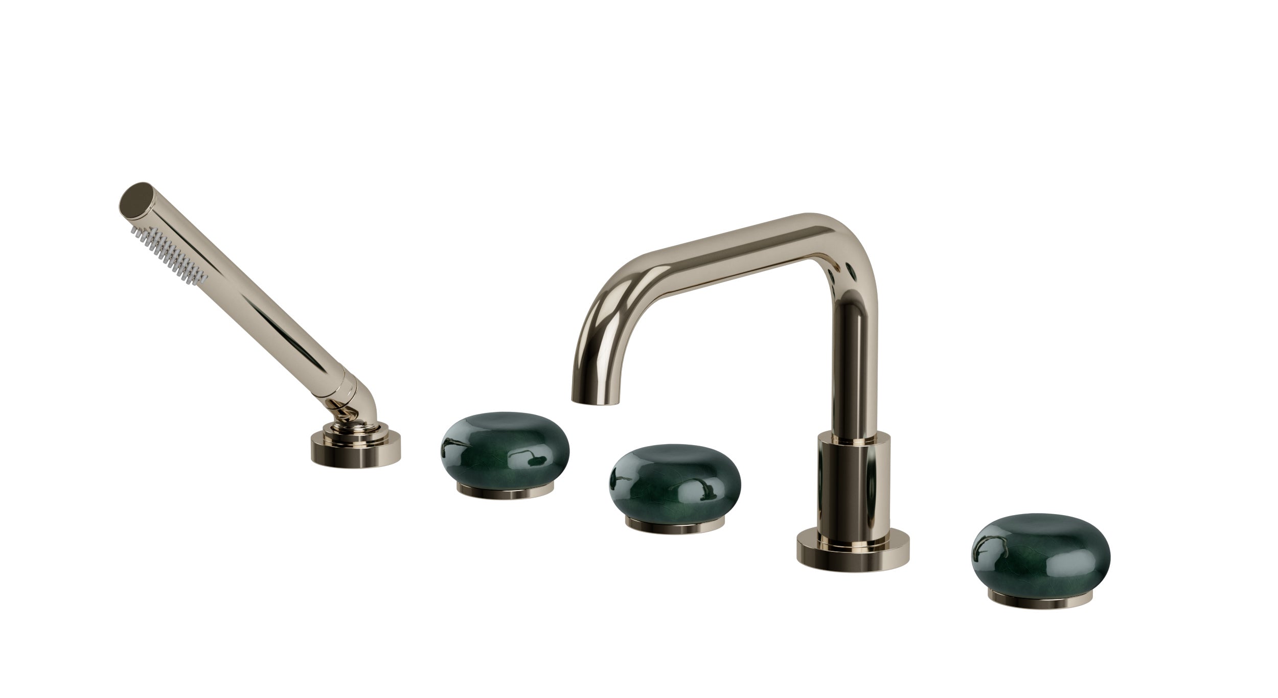 Foundry Three Handle Deck Mount Squaretop Bath Trim with Hand Shower and Pebble Ceramic Knob Handles in Polished Nickel