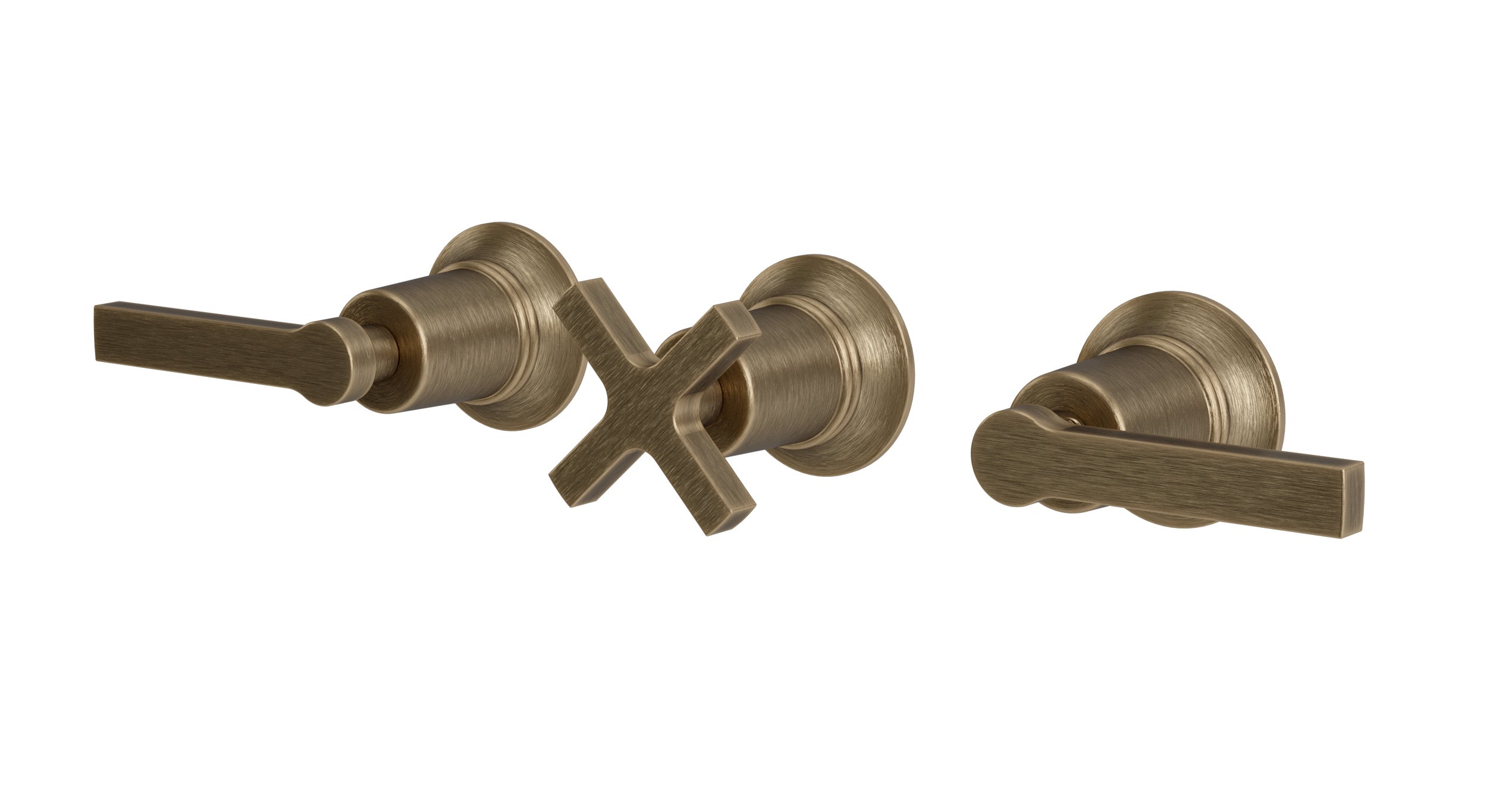 Emerson Three Handle Wall Mount Bath Trim with Diverter/Volume Control and Classic Cross/Classic Lever Handles in Antique Brass