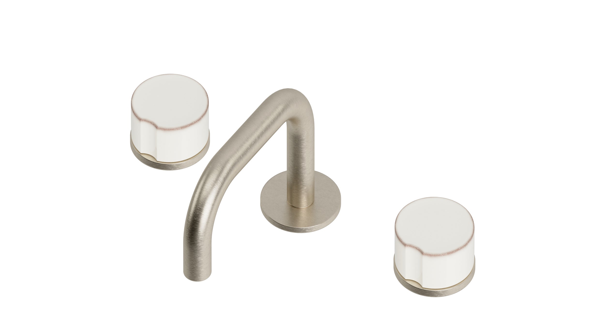 Foundry Two Handle Deck Mount Squaretop Lavatory Faucet with Groove Ceramic Knob Handles in Satin Nickel