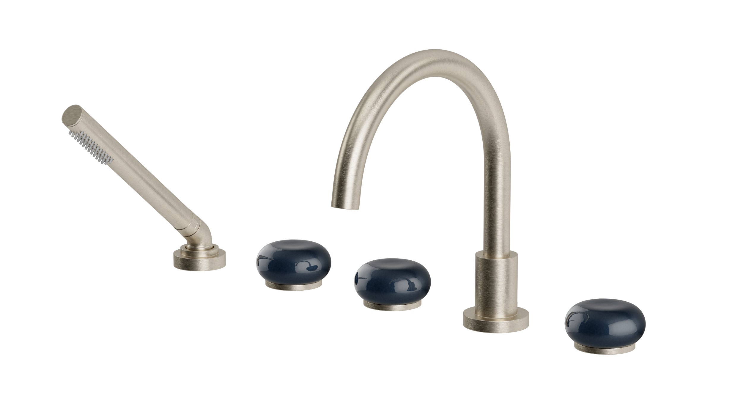 Foundry Three Handle Deck Mount Gooseneck Bath Trim with Hand Shower and Pebble Ceramic Knob Handles in Satin Nickel
