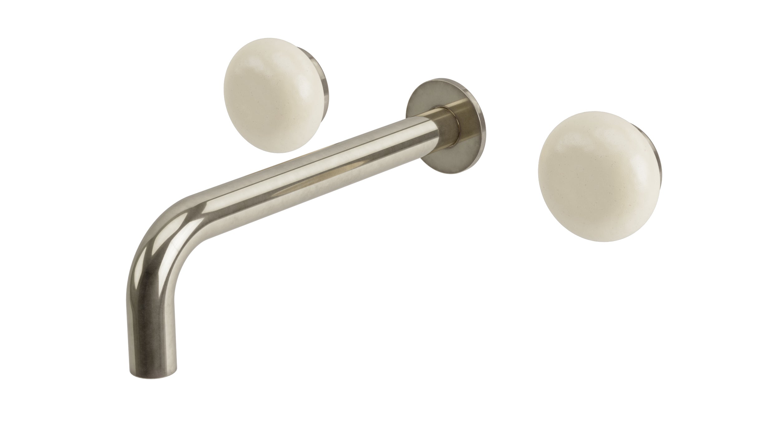 Foundry Two Handle Wall Mount 7.5" Lavatory Faucet with Pebble Ceramic Knob Handles in French Nickel