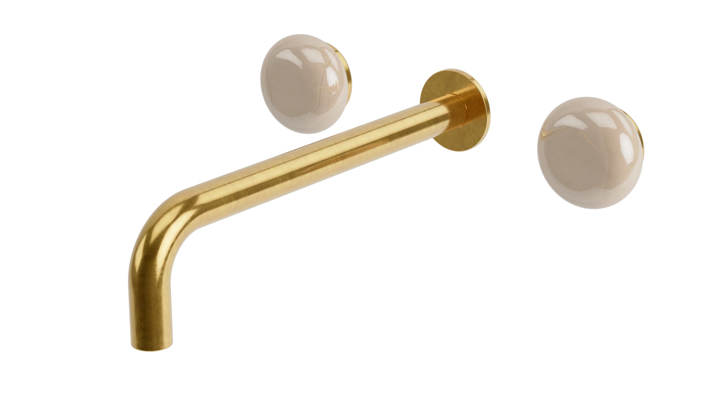 Foundry Two Handle Wall Mount 10" Lavatory Faucet with Pebble Ceramic Knob Handles in French Brass