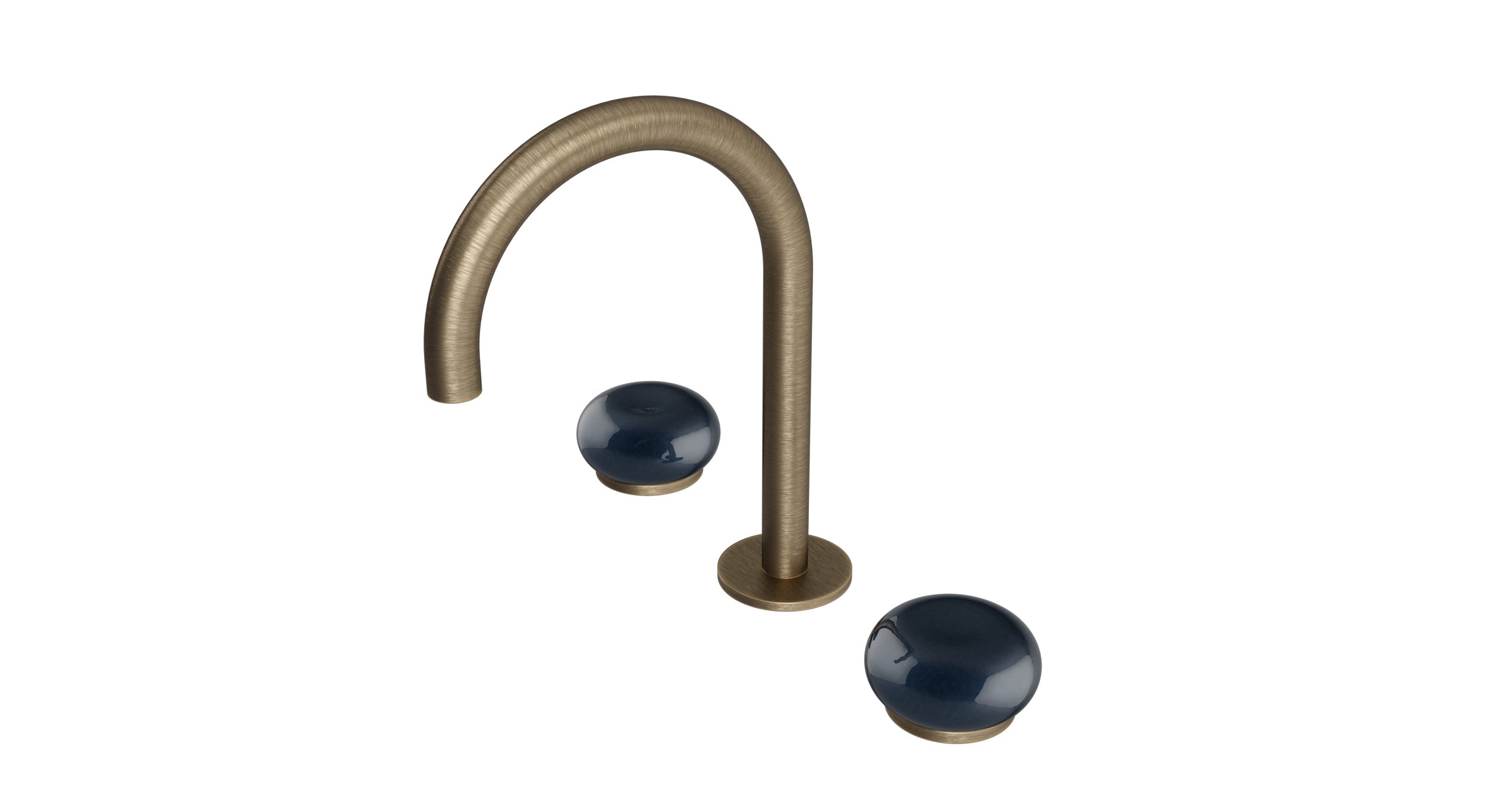 Foundry Two Handle Deck Mount Gooseneck Lavatory Faucet with Pebble Ceramic Knob Handles in Antique Brass