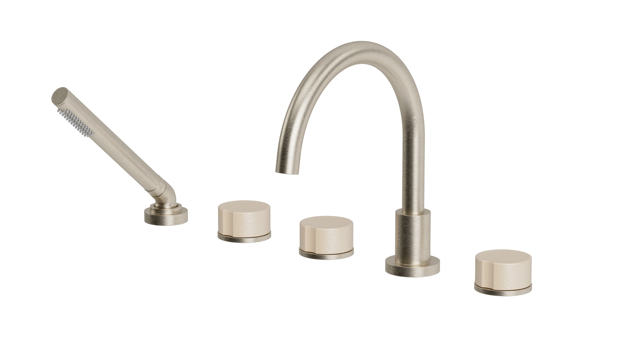 Foundry Three Handle Deck Mount Gooseneck Bath Trim with Hand Shower and Groove Ceramic Knob Handles in Satin Nickel