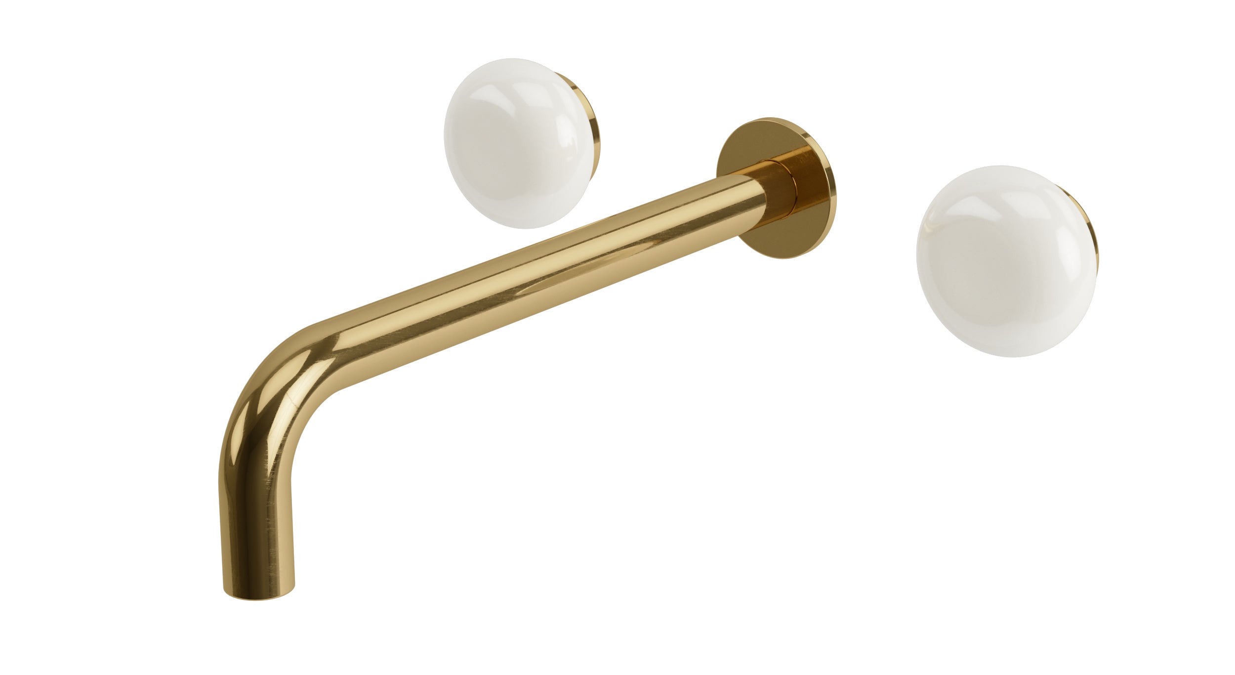 Foundry Two Handle Wall Mount 10" Lavatory Faucet with Pebble Ceramic Knob Handles in Uncoated Polished Brass