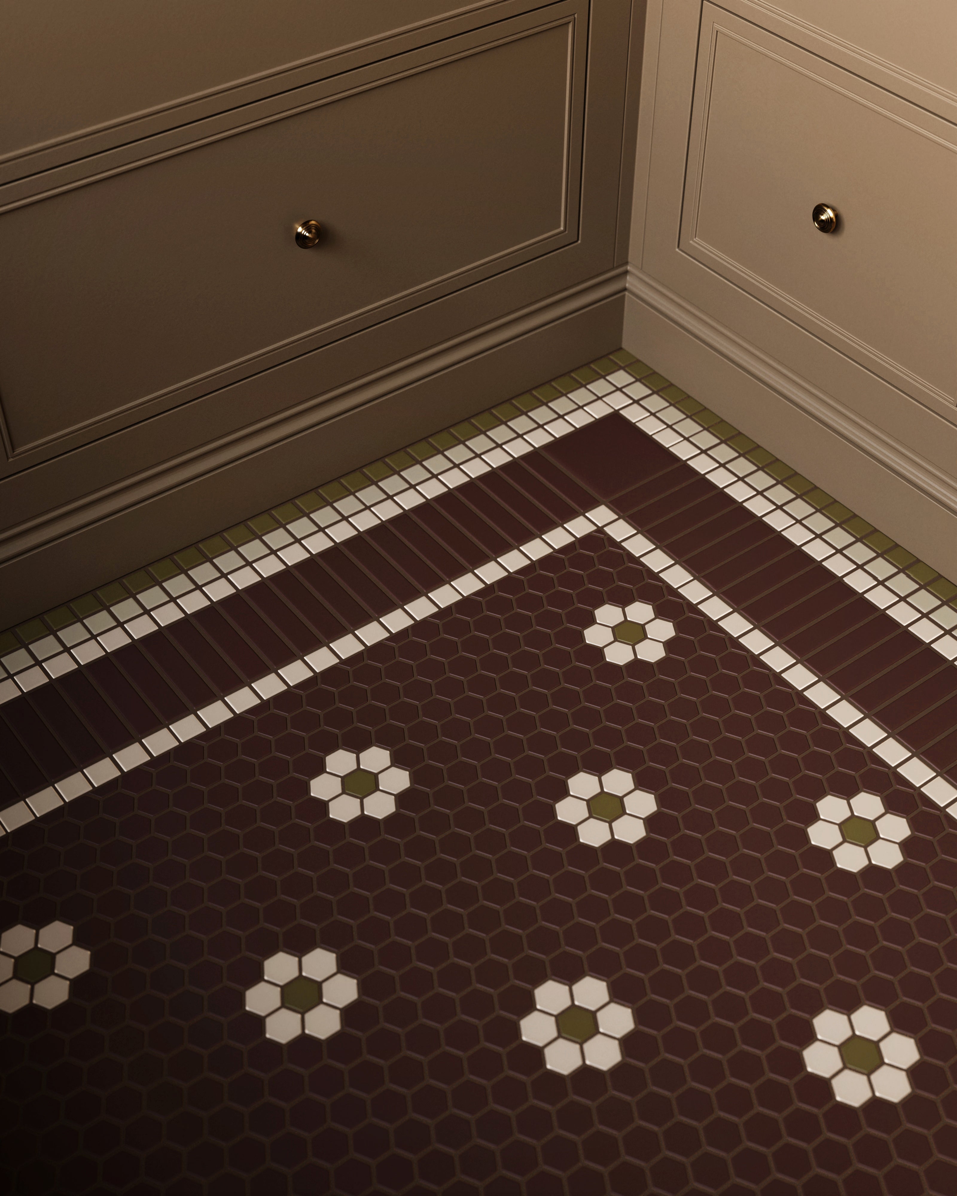 1" Hexagon Double Daisy Sheeted Original Ceramic Tile in Garnet Matte, Sand Dune Matte & Chaparral Matte