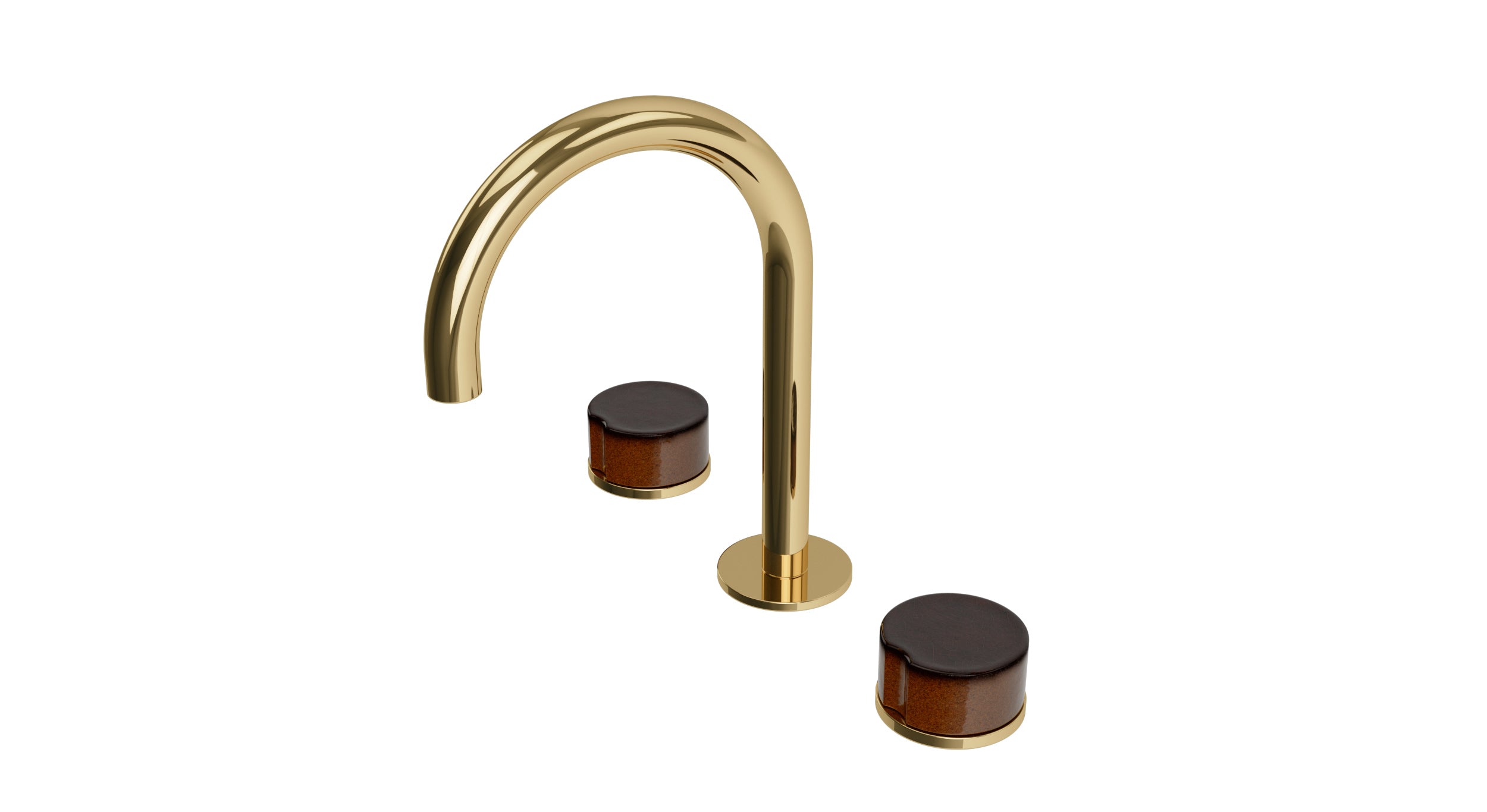 Foundry Two Handle Deck Mount Gooseneck Lavatory Faucet with Groove Ceramic Knob Handles in Polished Brass