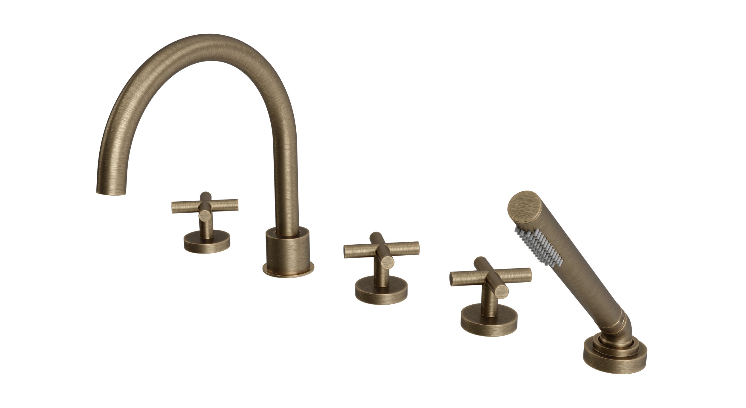Contour Three Handle Deck Mount Gooseneck Bath Trim with Hand Shower and Soft Cross Handles in Antique Brass