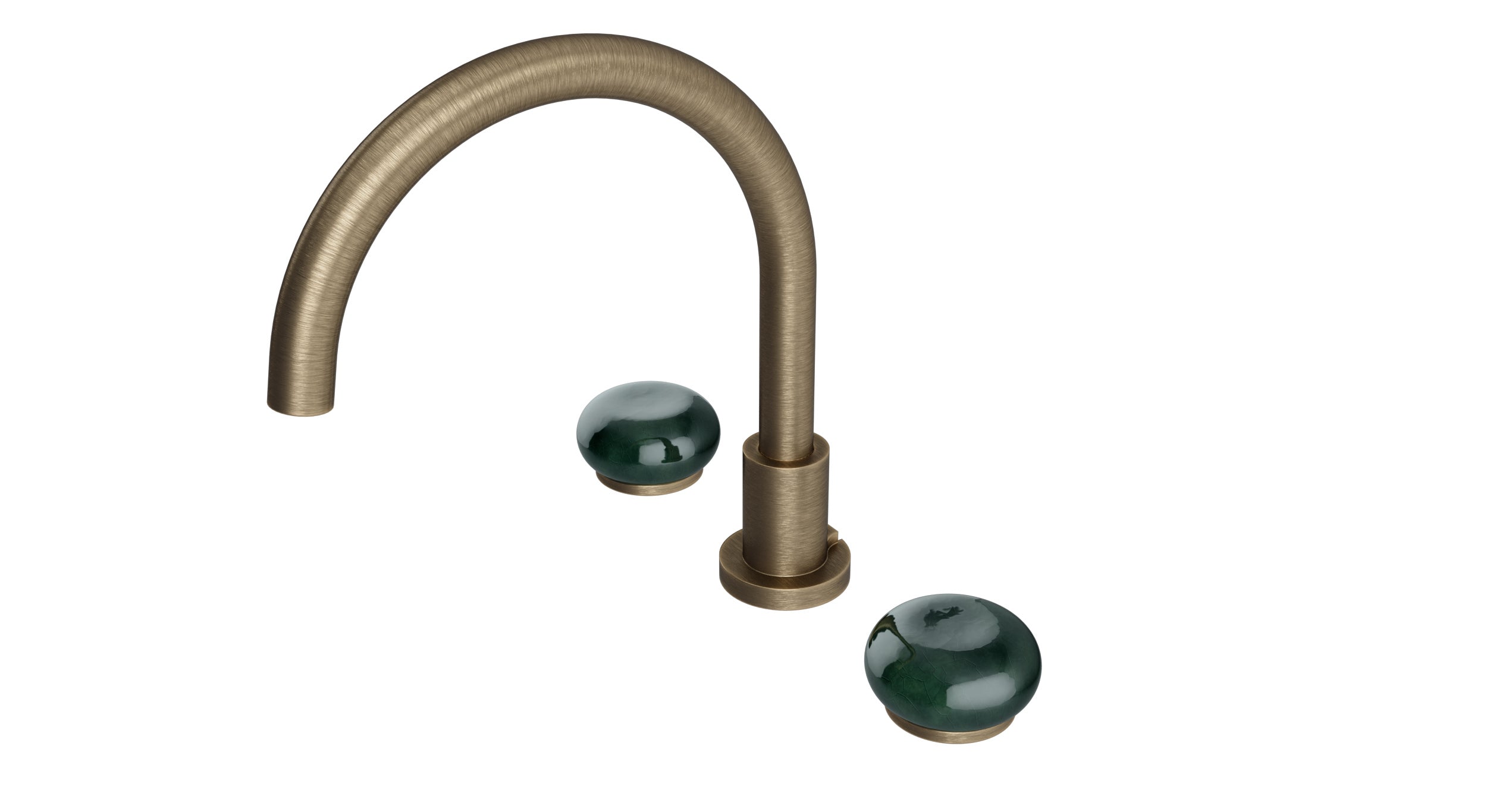 Foundry Two Handle Deck Mount Gooseneck Bath Trim with Pebble Ceramic Knob Handles in Antique Brass
