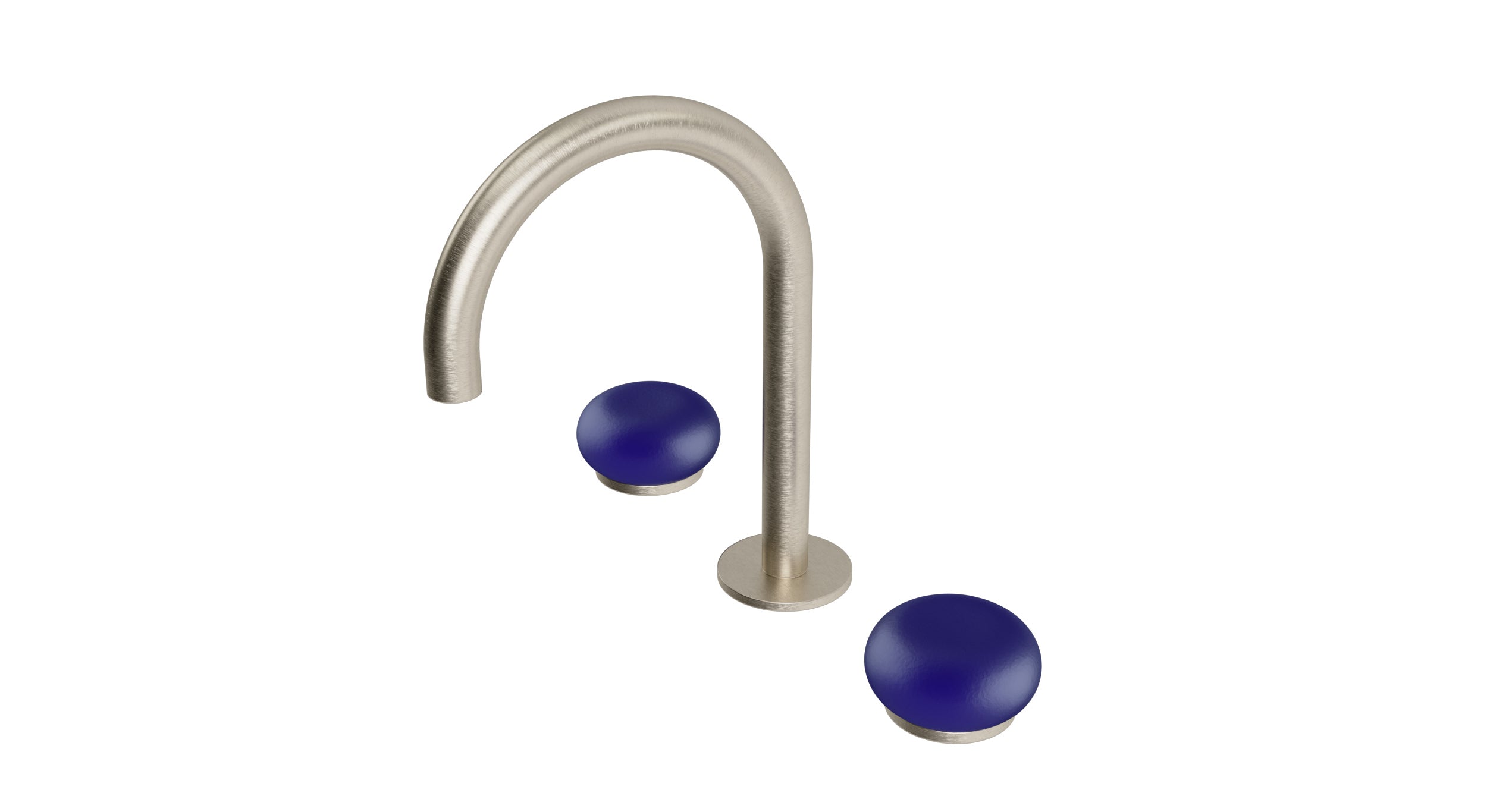 Foundry Two Handle Deck Mount Gooseneck Lavatory Faucet with Pebble Ceramic Knob Handles in Satin Nickel