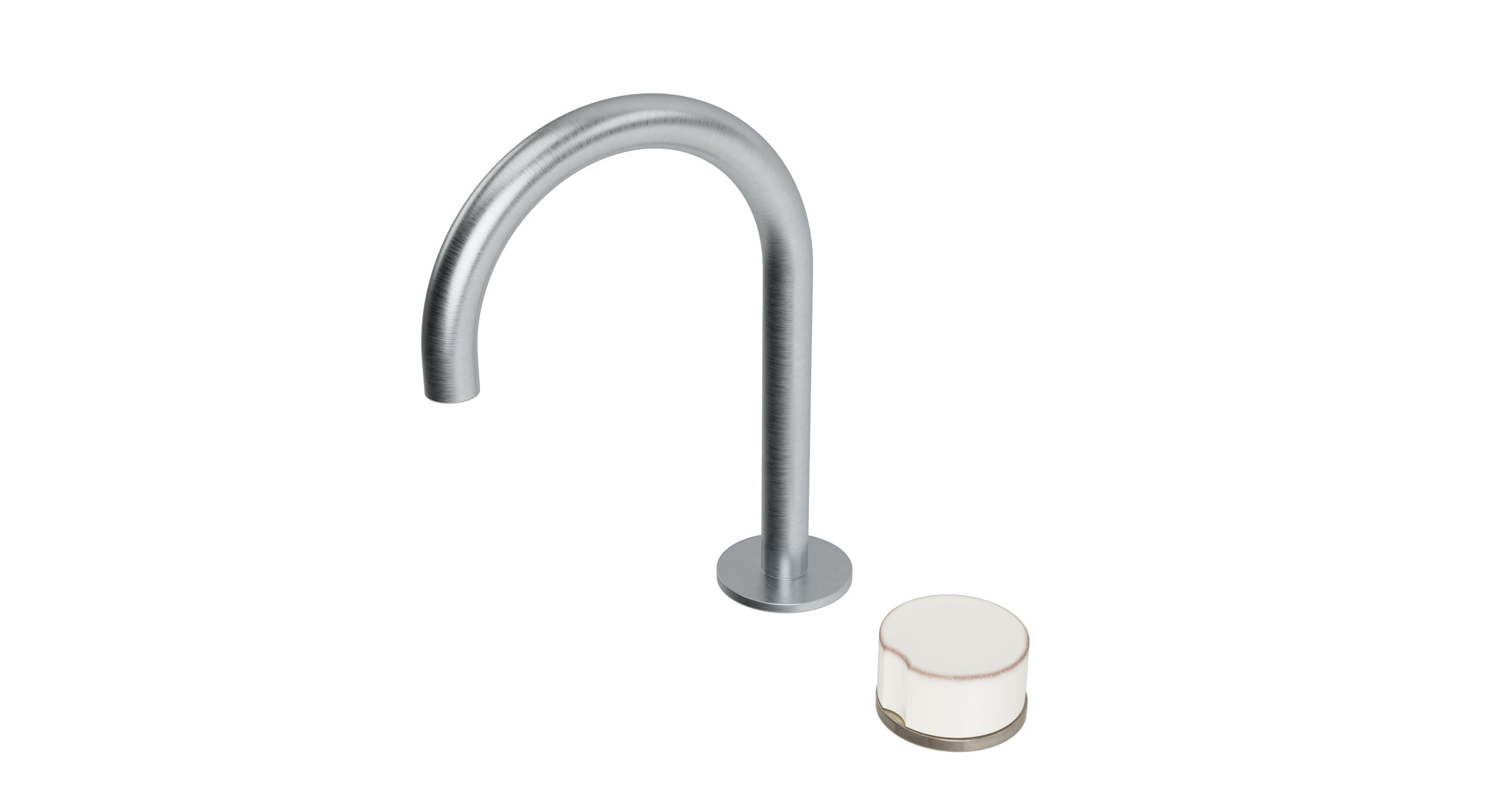 Foundry One Handle Deck Mount Gooseneck Lavatory Faucet with Groove Ceramic Knob Handle in Satin Chrome