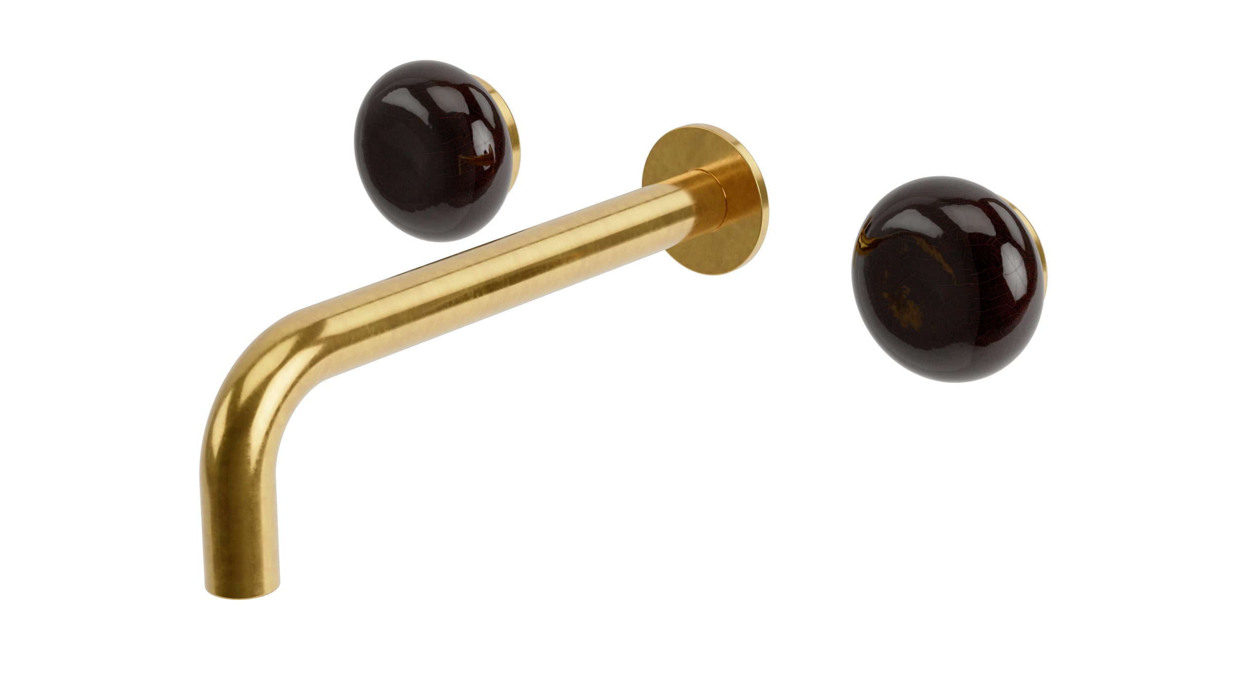 Foundry Two Handle Wall Mount 7.5" Lavatory Faucet with Pebble Ceramic Knob Handles in French Brass