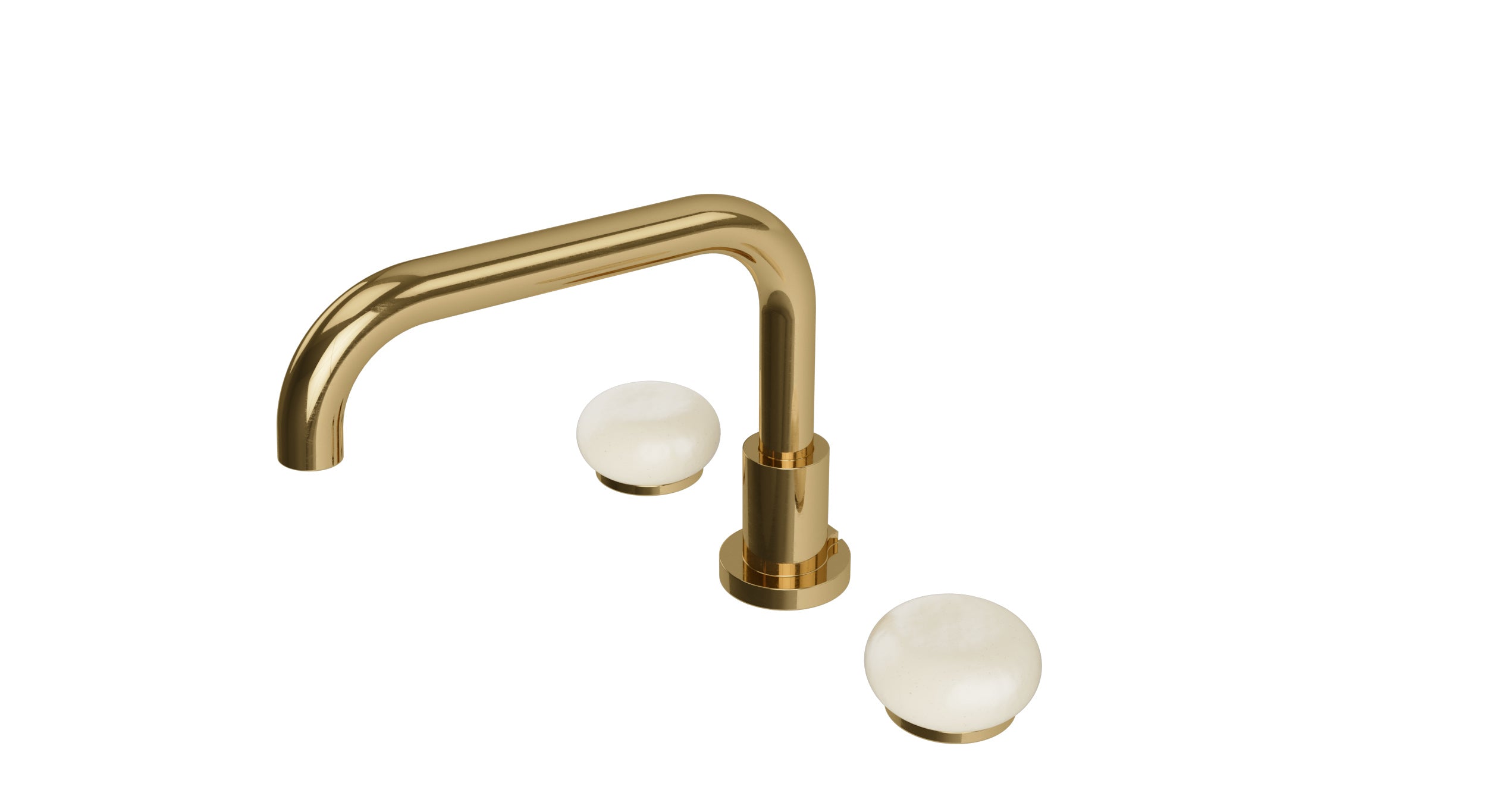 Foundry Two Handle Deck Mount Squaretop Bath Trim with Pebble Ceramic Knob Handles in Uncoated Polished Brass