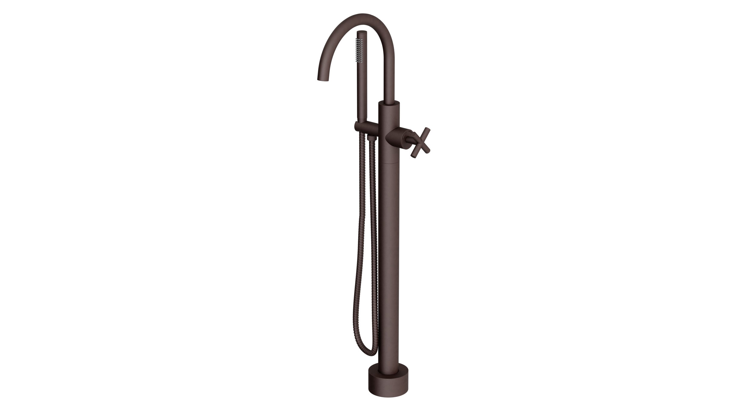 Contour One Handle Floor Mount Gooseneck Bath Trim with Hand Shower and Soft Cross Handle in Architectural Copper