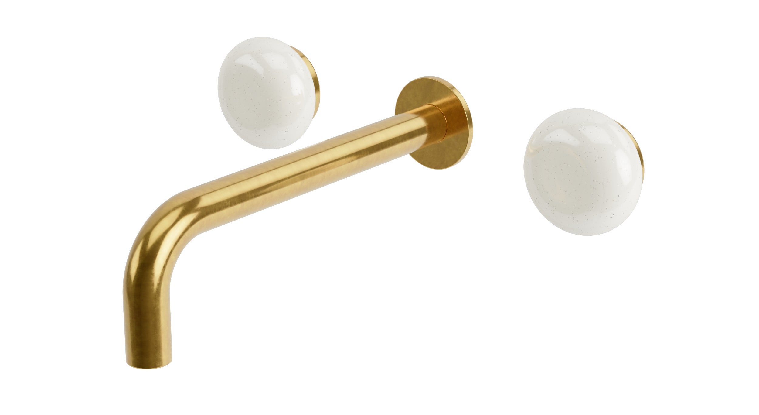 Foundry Two Handle Wall Mount 7.5" Lavatory Faucet with Pebble Ceramic Knob Handles in French Brass