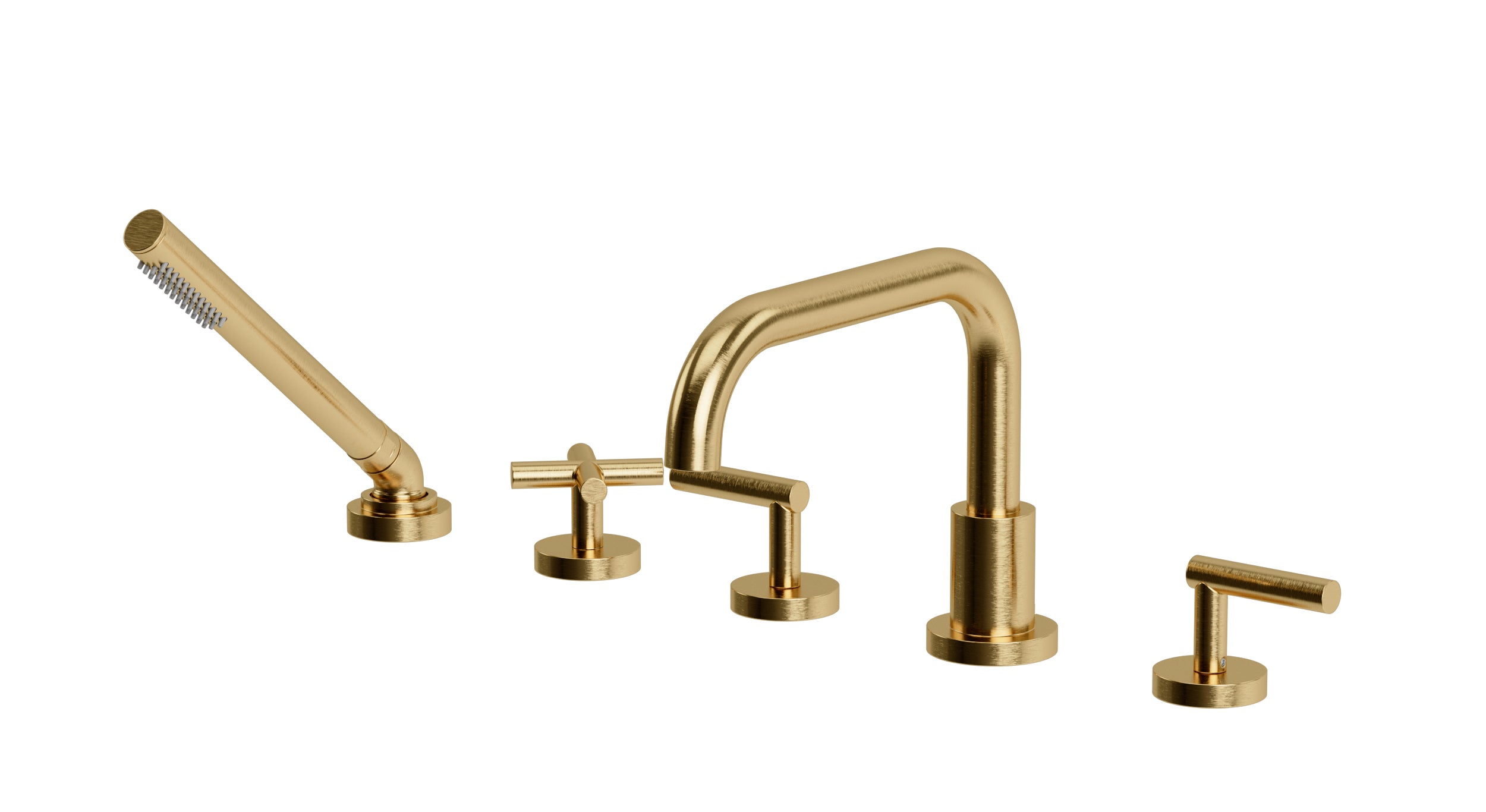 Contour Three Handle Deck Mount Squaretop Bath Trim with Hand Shower and Soft Cross/Soft Lever Handles in Satin Brass