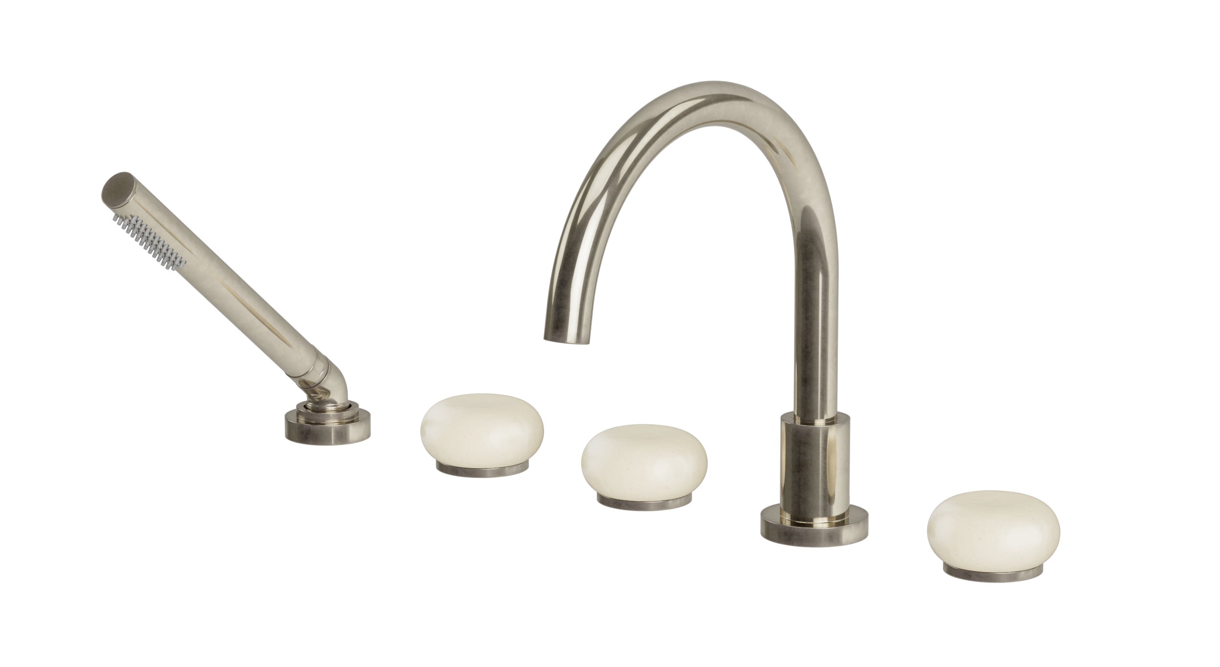 Foundry Three Handle Deck Mount Gooseneck Bath Trim with Hand Shower and Pebble Ceramic Knob Handles in French Nickel