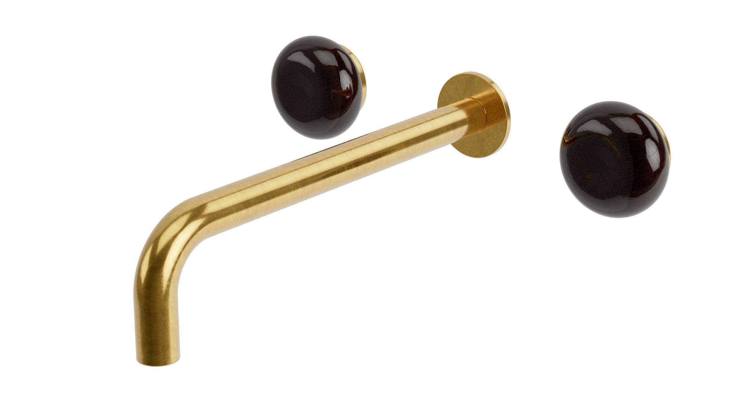 Foundry Two Handle Wall Mount 10" Lavatory Faucet with Pebble Ceramic Knob Handles in French Brass