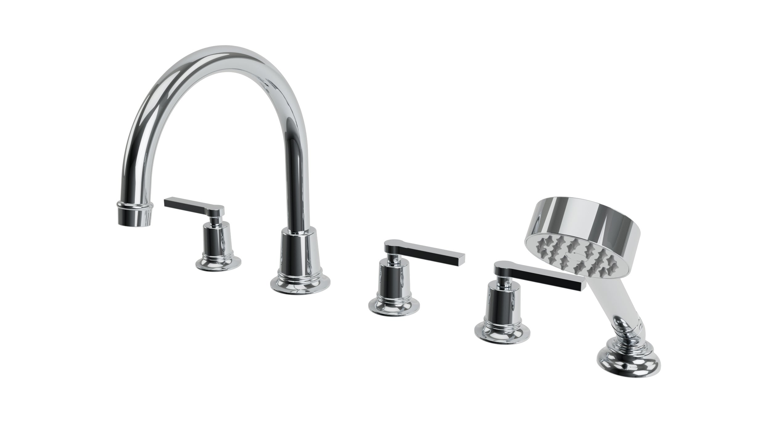 Emerson Three Handle Deck Mount Gooseneck Bath Trim with Hand Shower and Classic Lever Handles
