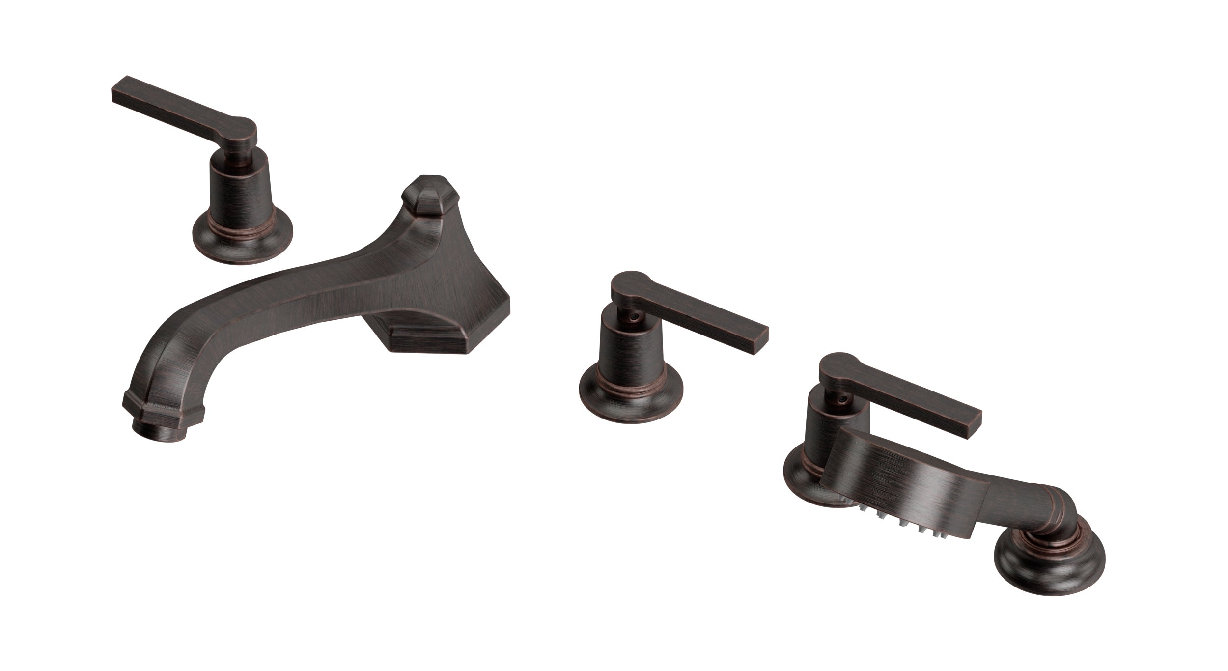 Emerson Three Handle Deck Mount Low Hexagon Bath Trim with Hand Shower and Classic Lever Handles in Antique Bronze