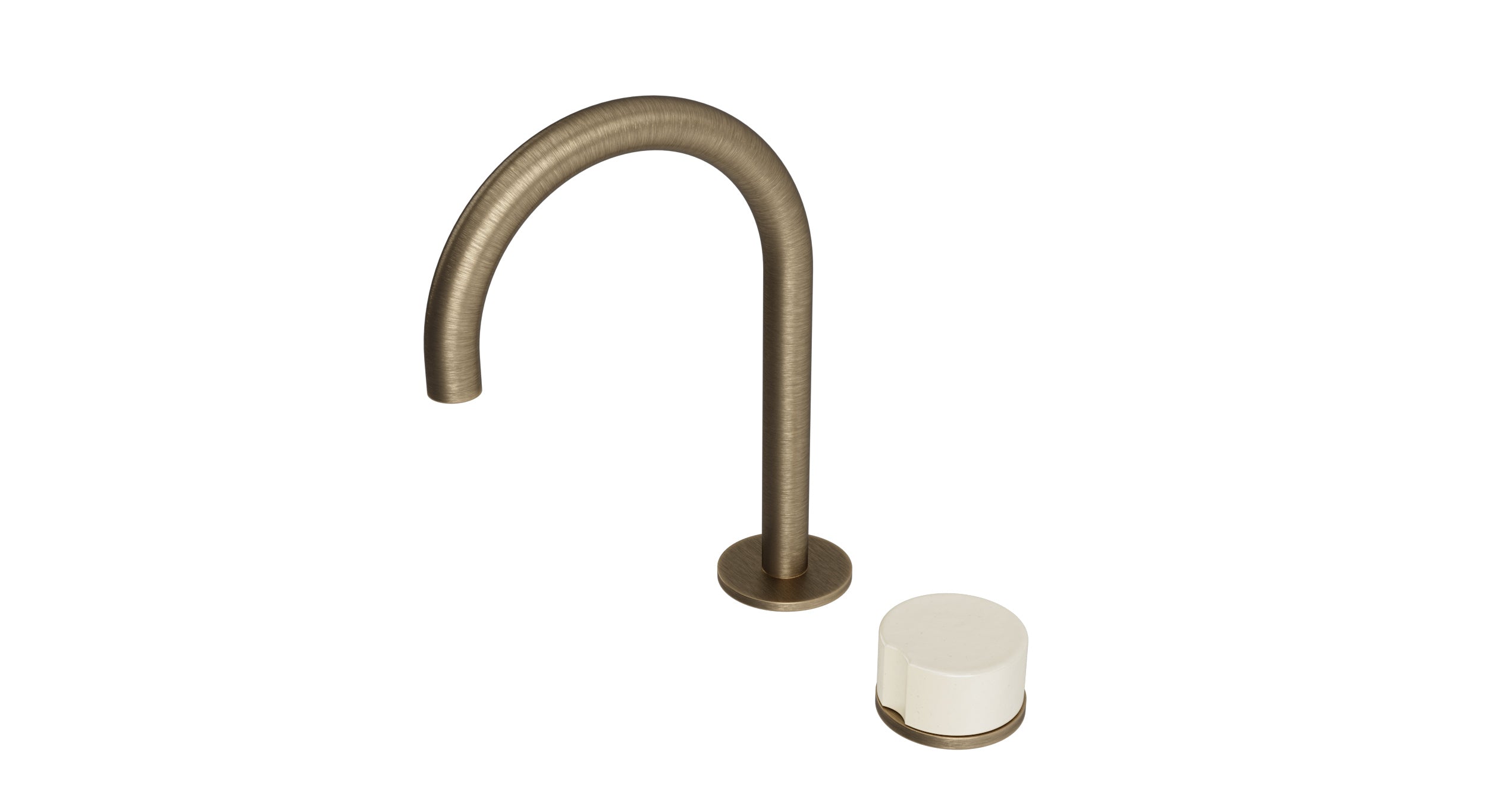 Foundry One Handle Deck Mount Gooseneck Lavatory Faucet with Groove Ceramic Knob Handle in Antique Brass