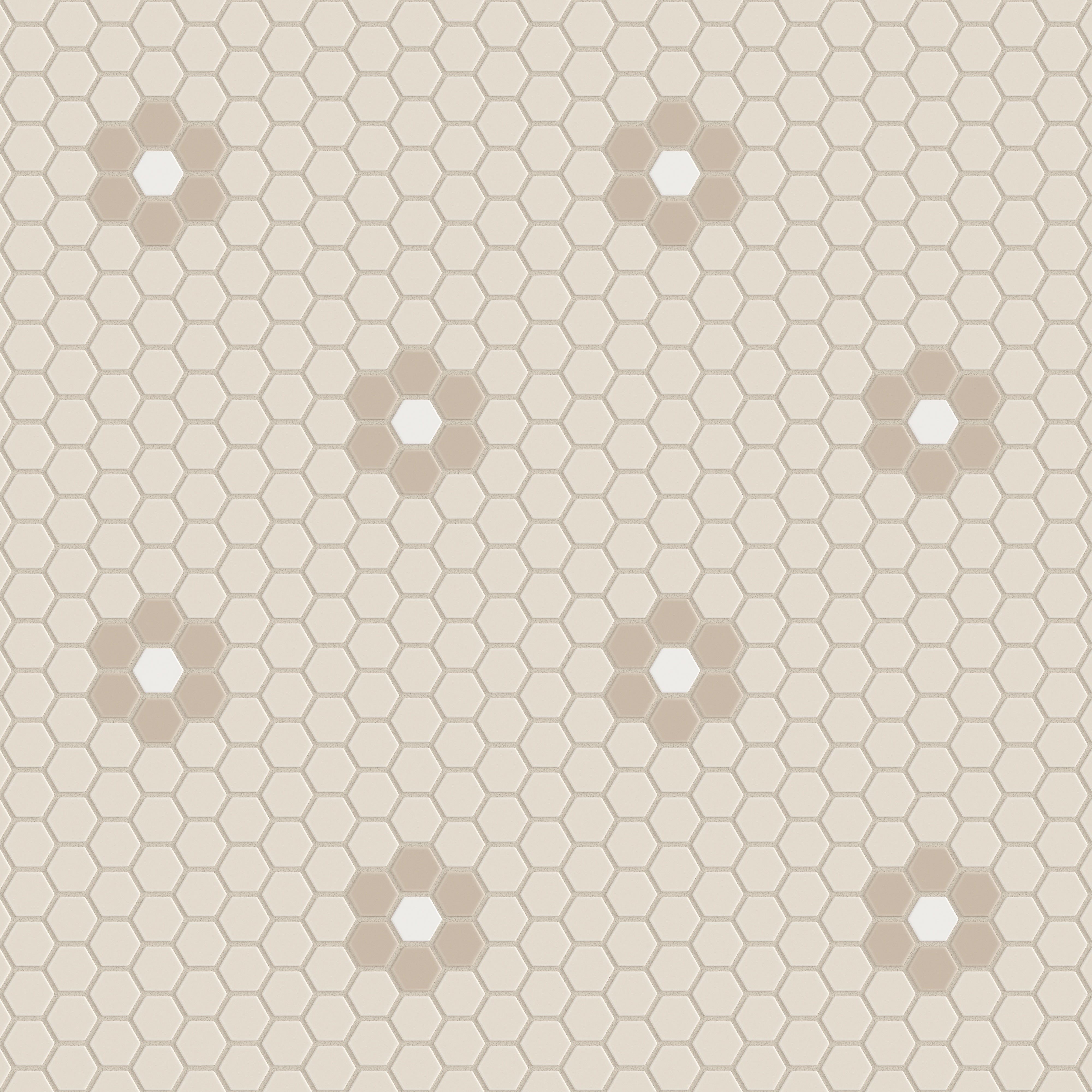 1" Hexagon Double Daisy Sheeted Original Ceramic Tile in Sand Dune Matte, Sweet Pea Matte & Calcite Matte