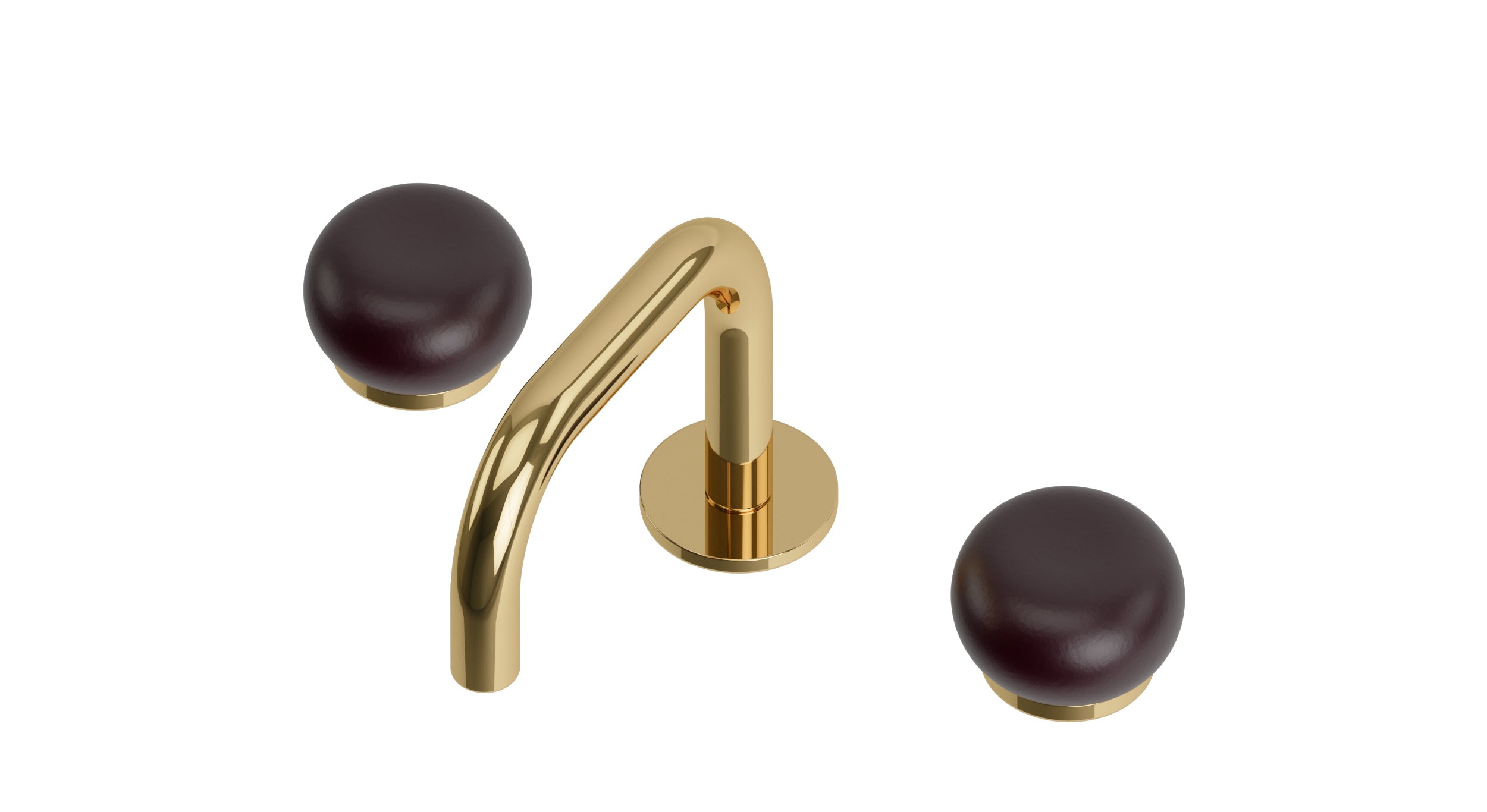 Foundry Two Handle Deck Mount Squaretop Lavatory Faucet with Pebble Ceramic Knob Handles in Polished Brass