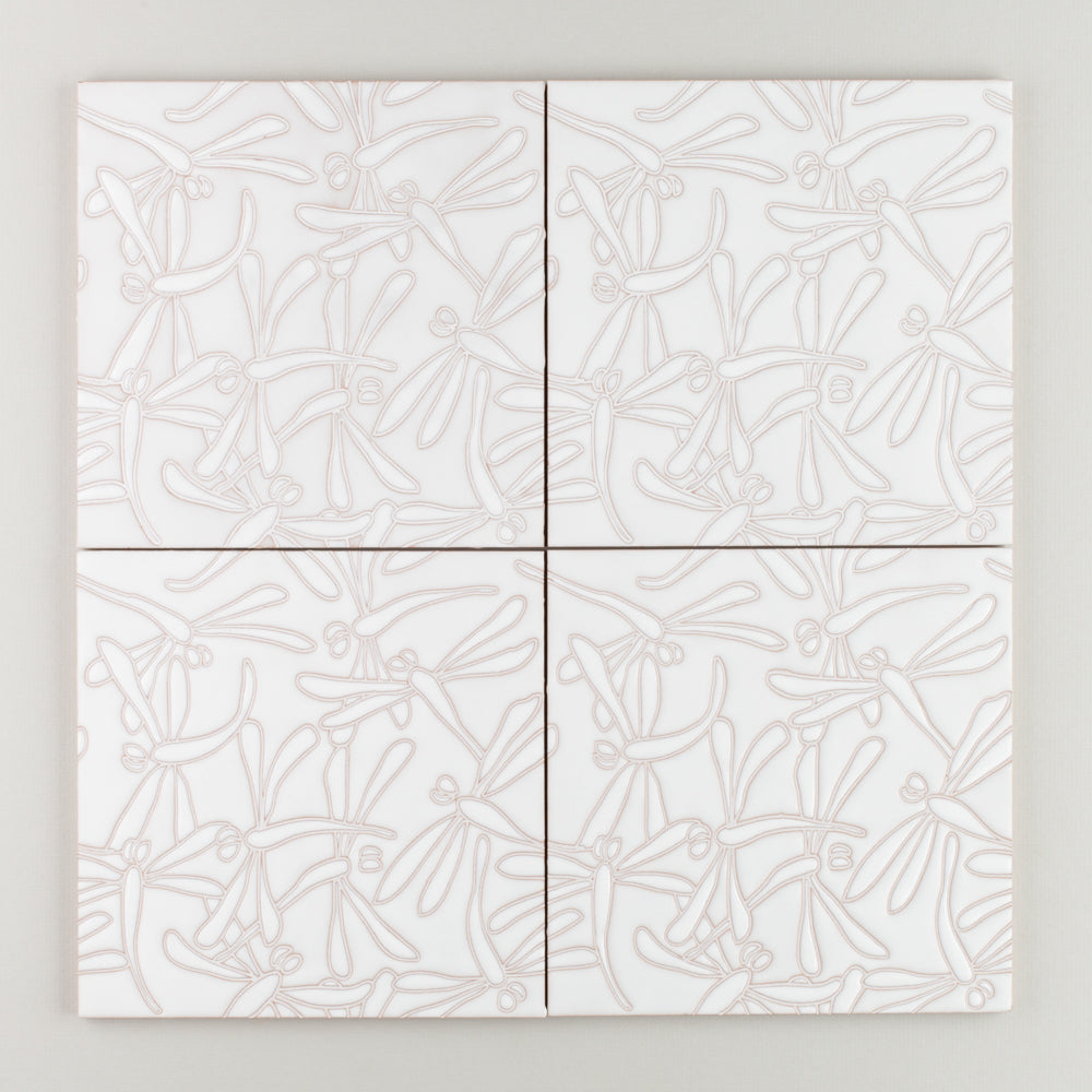 8x8 Handpainted Tile Dragonflies in White Motif