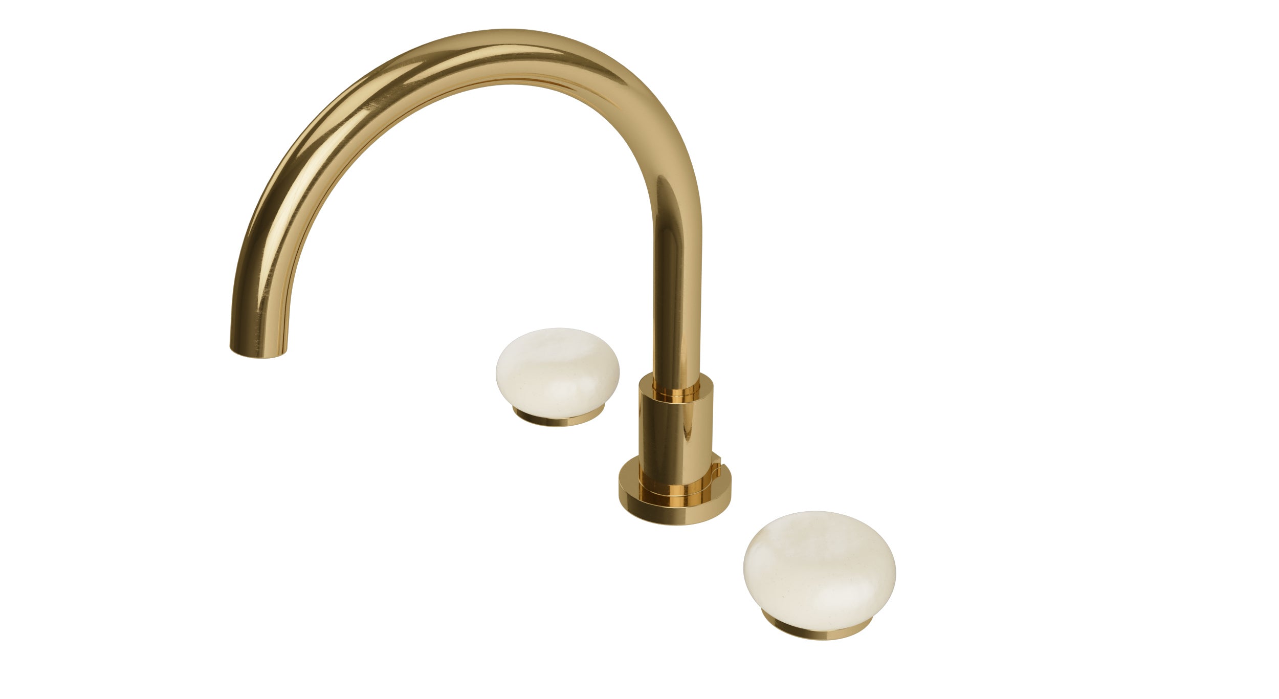 Foundry Two Handle Deck Mount Gooseneck Bath Trim with Pebble Ceramic Knob Handles in Uncoated Polished Brass