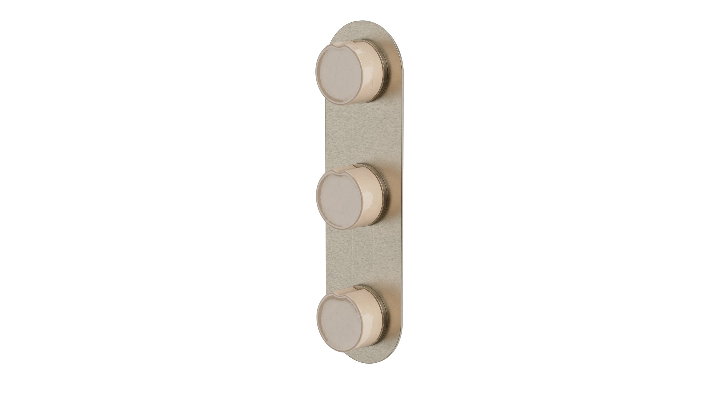 Foundry Three Handle Wall Mount Shower Trim with Groove Ceramic Knob Handles in Satin Nickel